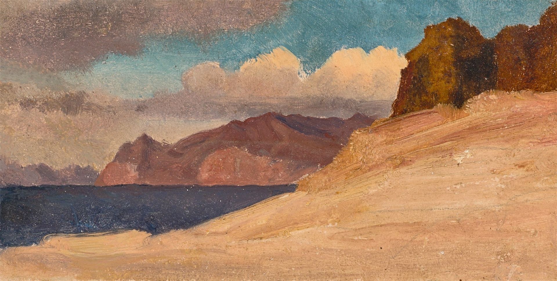 Johann Heinrich Schilbach. Two oil studies: Mediterranean coast / mountain lake.
