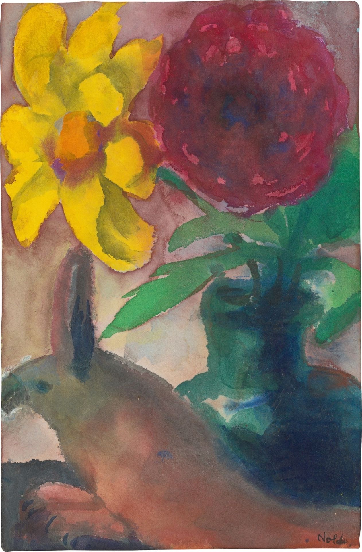 Emil Nolde. Blumenstillleben und Tierfigur. (Vor) 1941