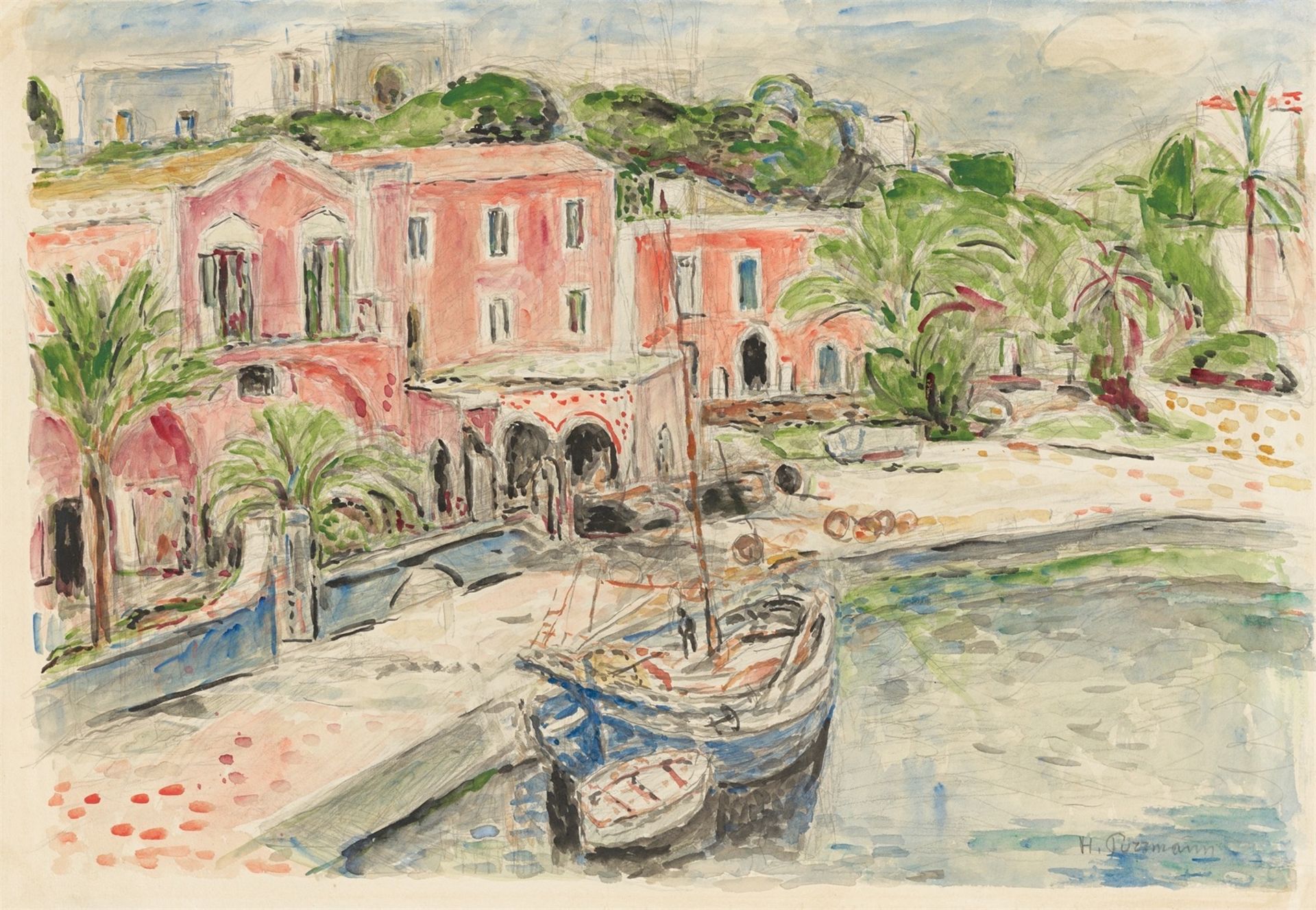 Hans Purrmann. „Rote Häuser am Hafen (Ischia)“. 1958