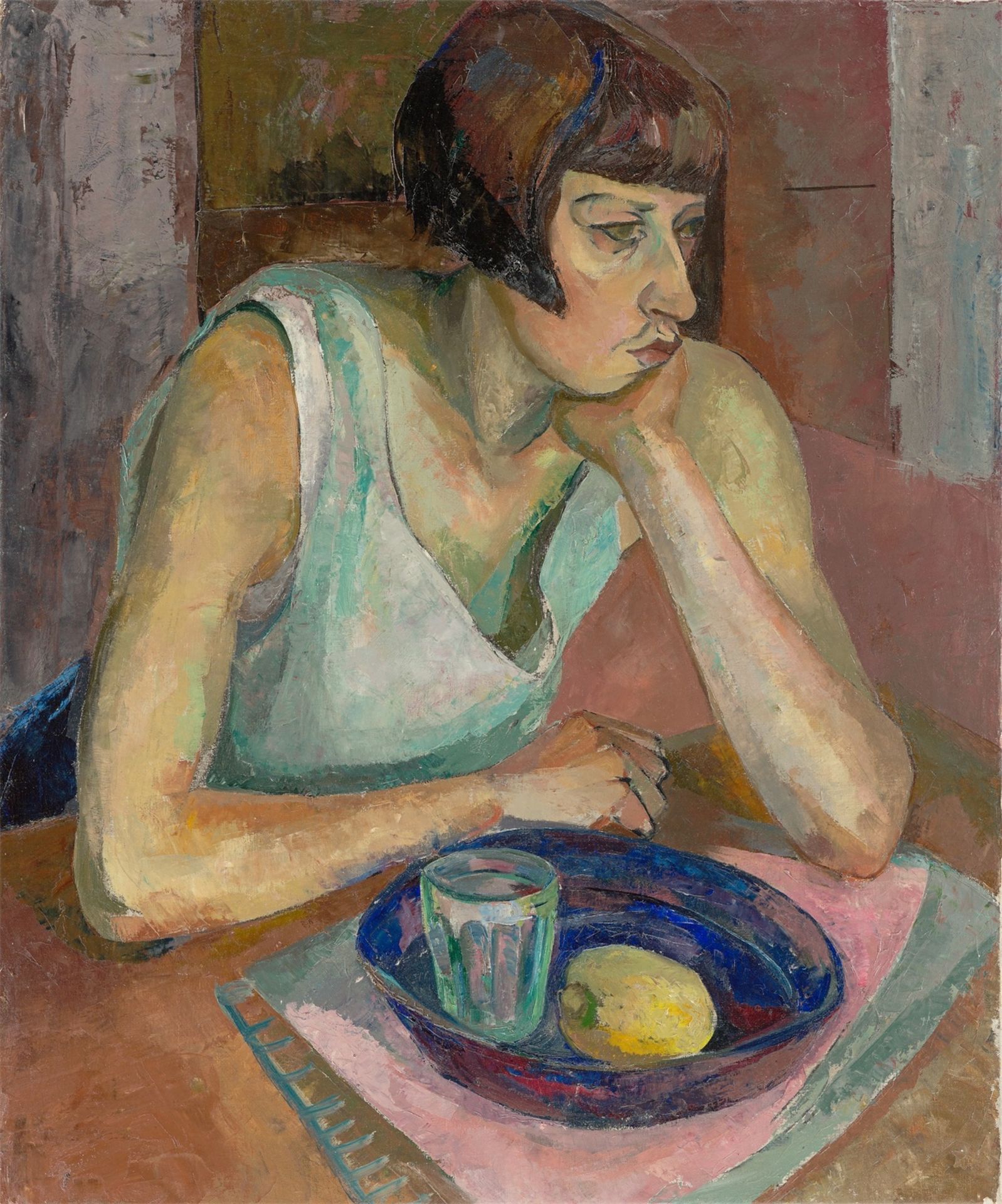 Anta Rupflin. „Frau am Tisch sitzend mit blauer Schale“. Um 1925/30