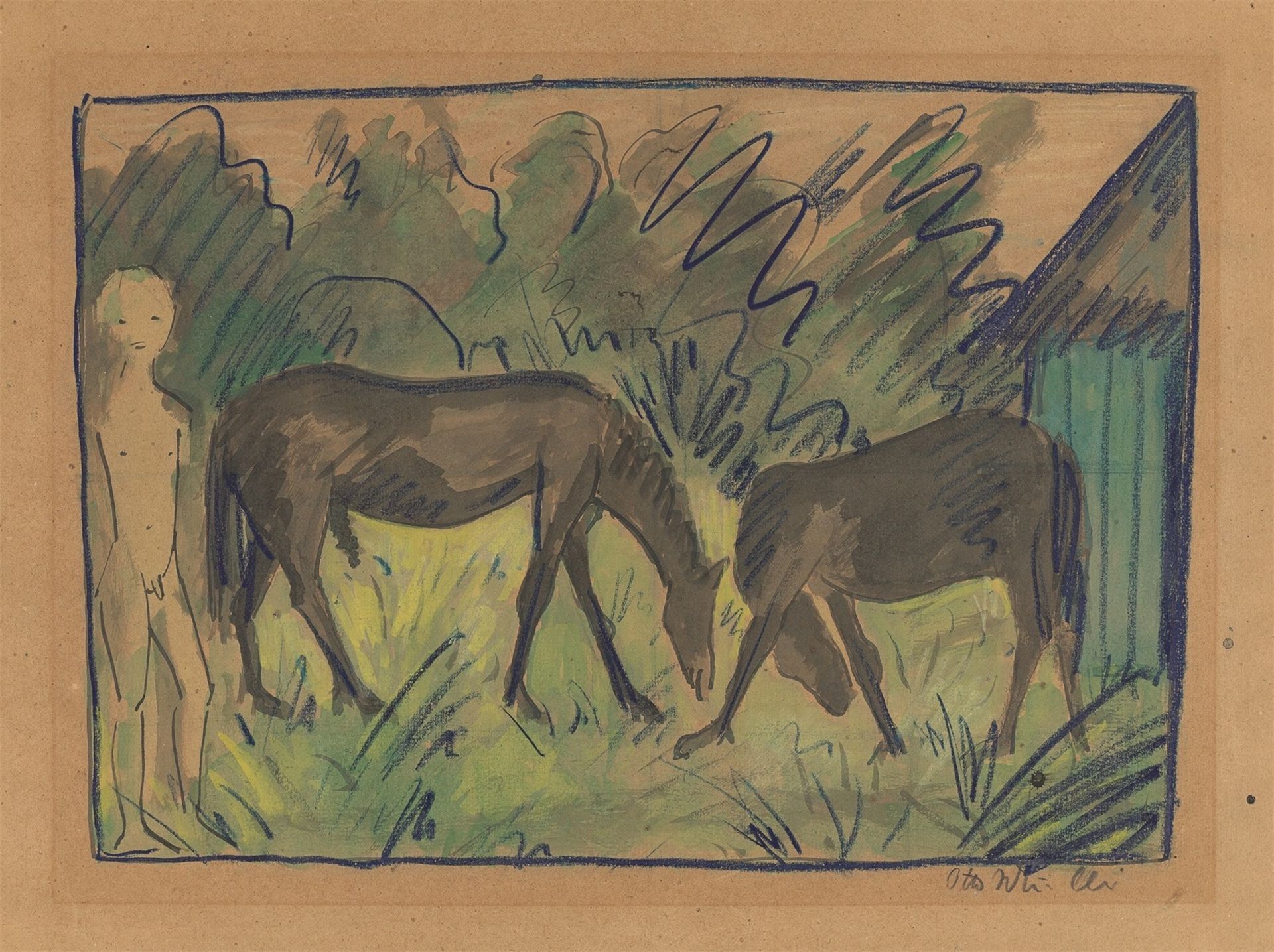 Otto Mueller. „Zwei Pferde mit Junge und Hütte“. Um 1924