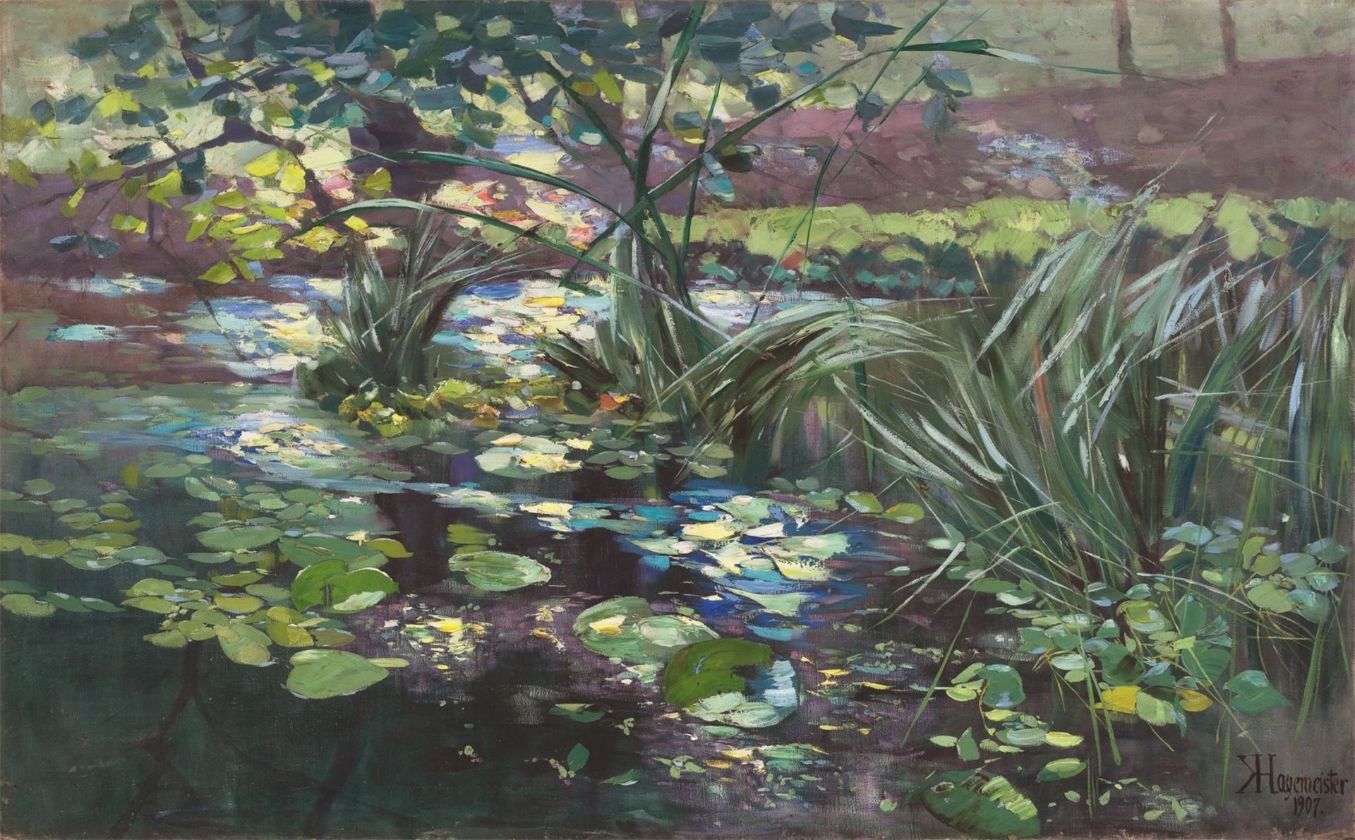 Karl Hagemeister. ”Teich in der Mark mit Seerosen und Schilfhalmen”. 1907