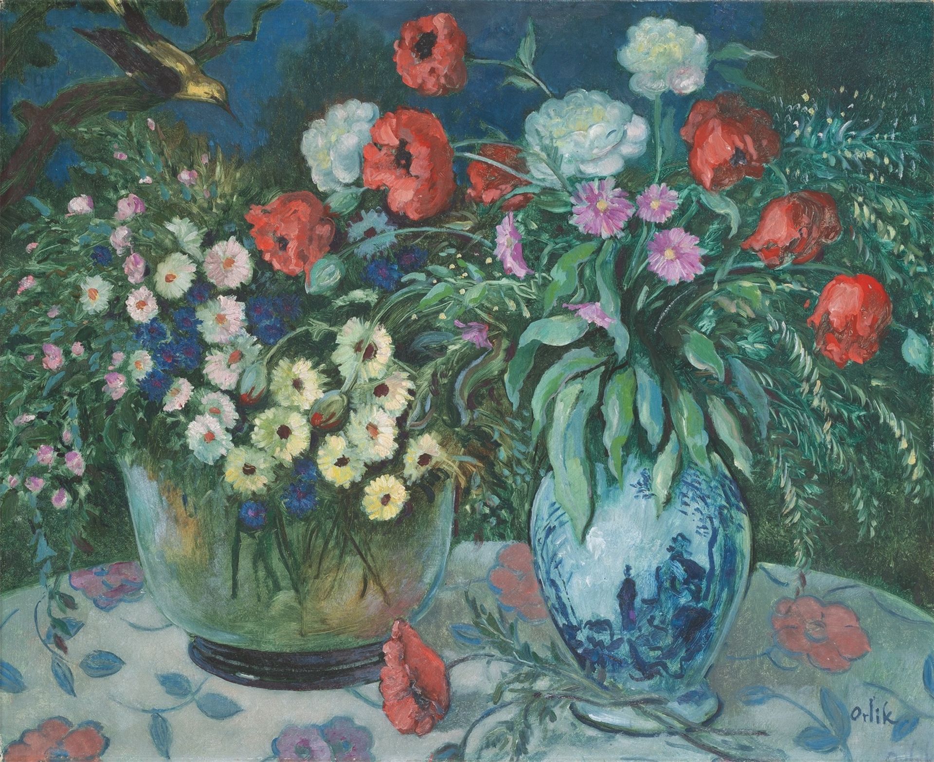 Emil Orlik. Zwei Blumensträuße in Vasen. Circa 1910