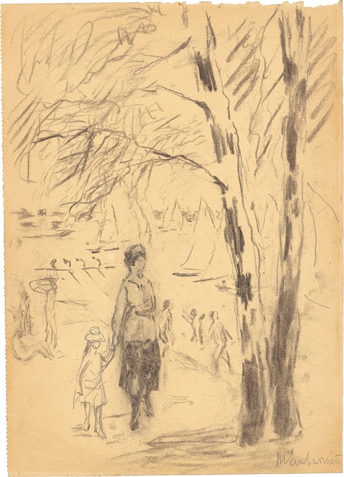 Max Liebermann. „Frau mit Kind am Wannsee-Ufer“. (Vor) 1926