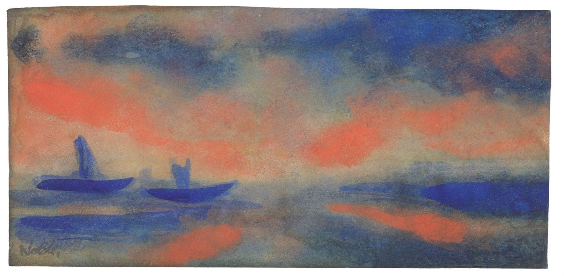 Emil Nolde. ”Meerlandschaft (Abendmeer) mit zwei blauen Seglern”. Circa 1945/48