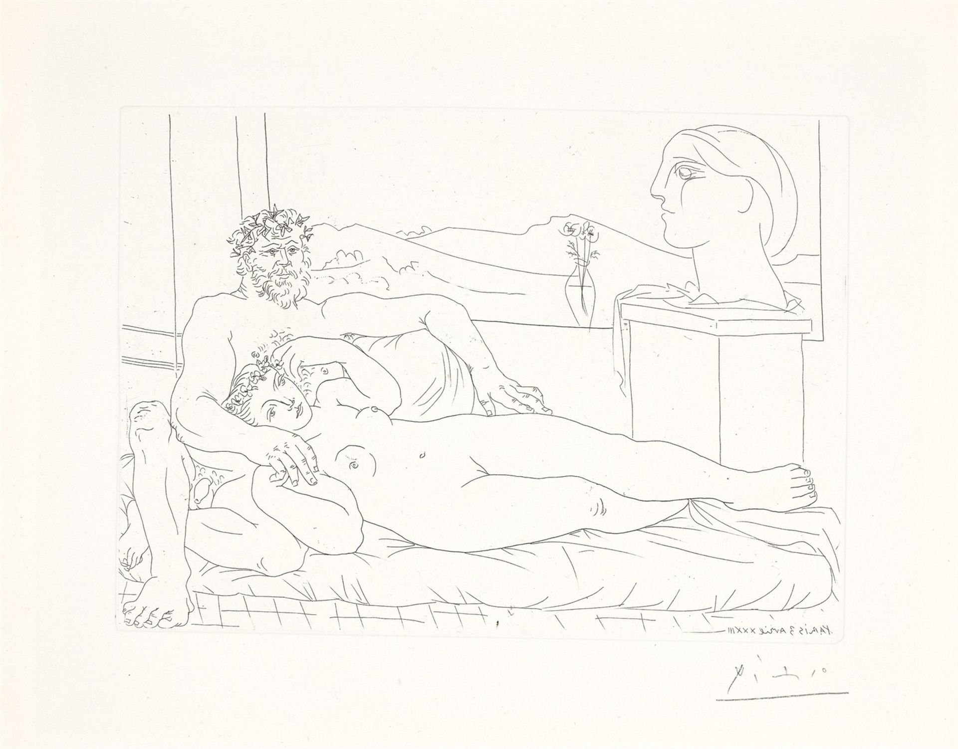 Pablo Picasso. „Vieux sculpteur et jeune modèle avec le portrait sculpté du modèle“. 1933