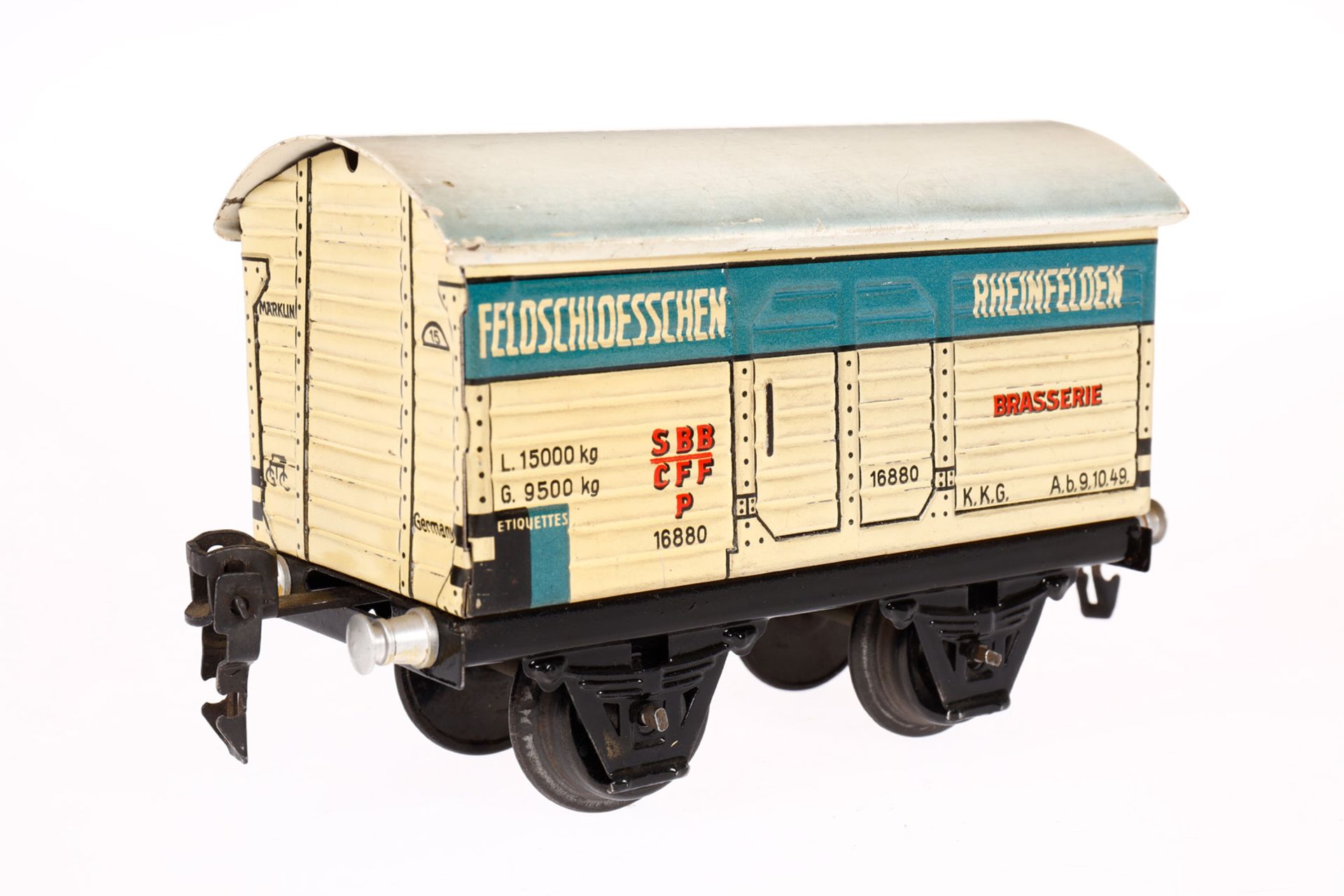 Märklin schweizer Feldschlößchen Bierwagen 1688, Spur 0, CL, mit 1 ST, LS und gealterter Lack, L 13, - Bild 3 aus 4