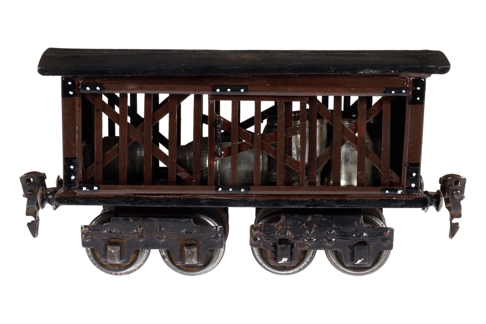 Märklin Milchwagen 1868, Spur 0, mit 2 ST und Milchkannen, rest. und ergänzt, L 16, Z 4