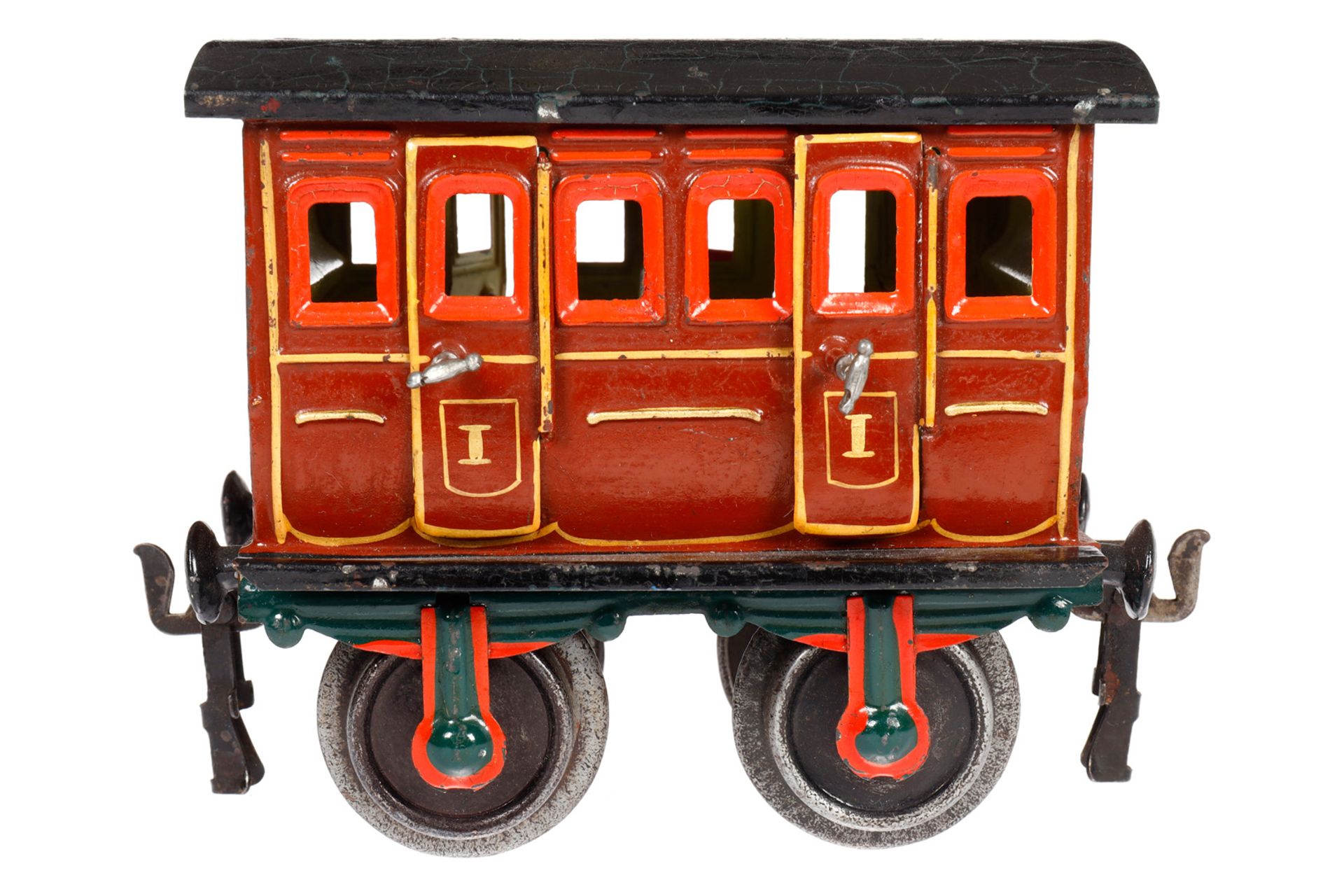 Märklin Abteilwagen 1806, Spur 1, uralt, braun, HL, mit Inneneinrichtung und 4 AT, LS und gealterter