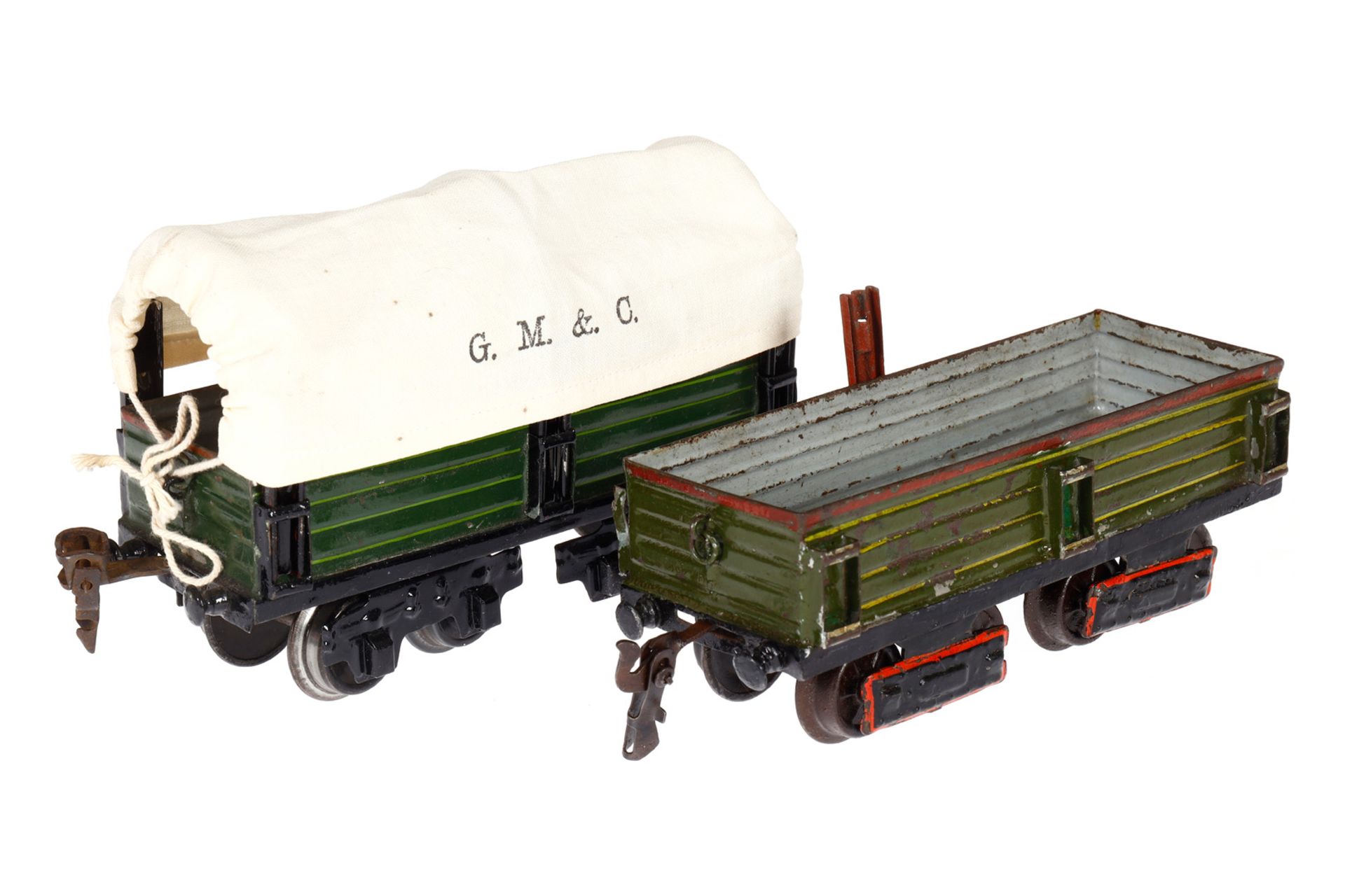 2 Märklin Planewagen 1910, Spur 0, HL, NV und tw ergänzt, L 16,5, Z 4