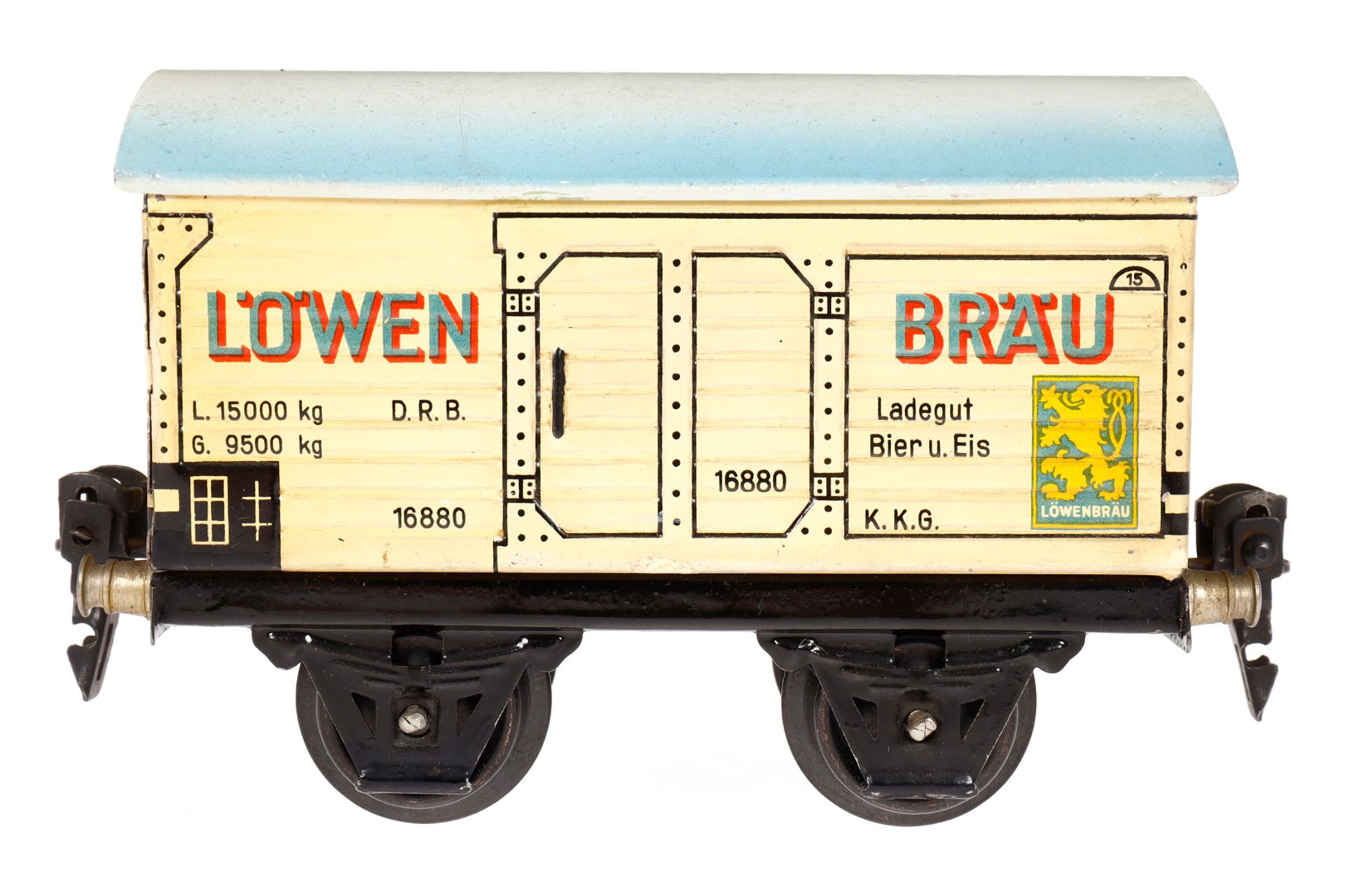 Märklin Löwenbräu Bierwagen 1688, Spur 0, CL, mit 1 ST, LS und gealterter Lack, L 13, Z 2-3