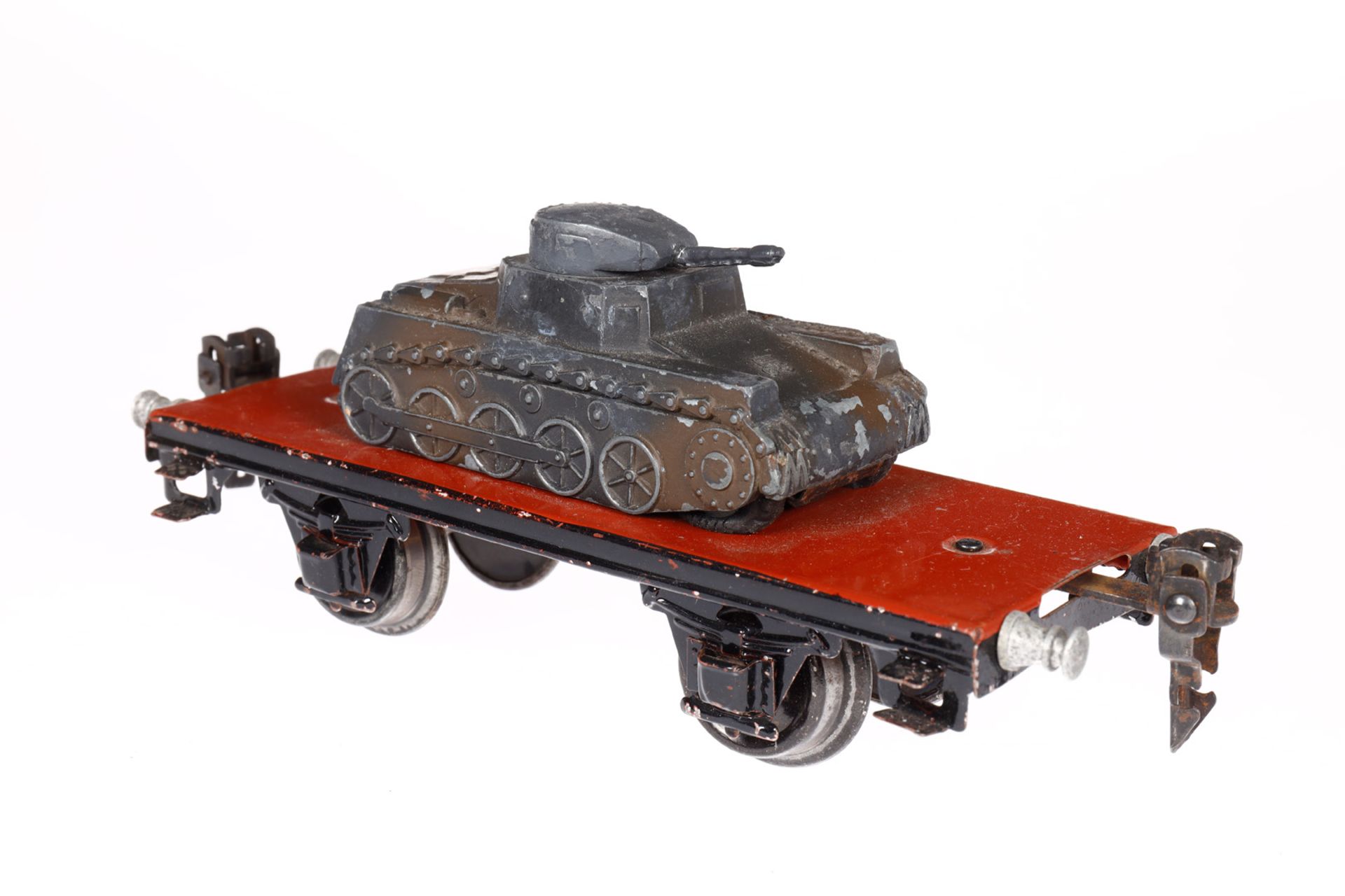 Märklin Plattformwagen 1770/01, Spur 0, HL, mit Panzer, Kanone ersetzt, LS und gealterter Lack, L - Bild 2 aus 3