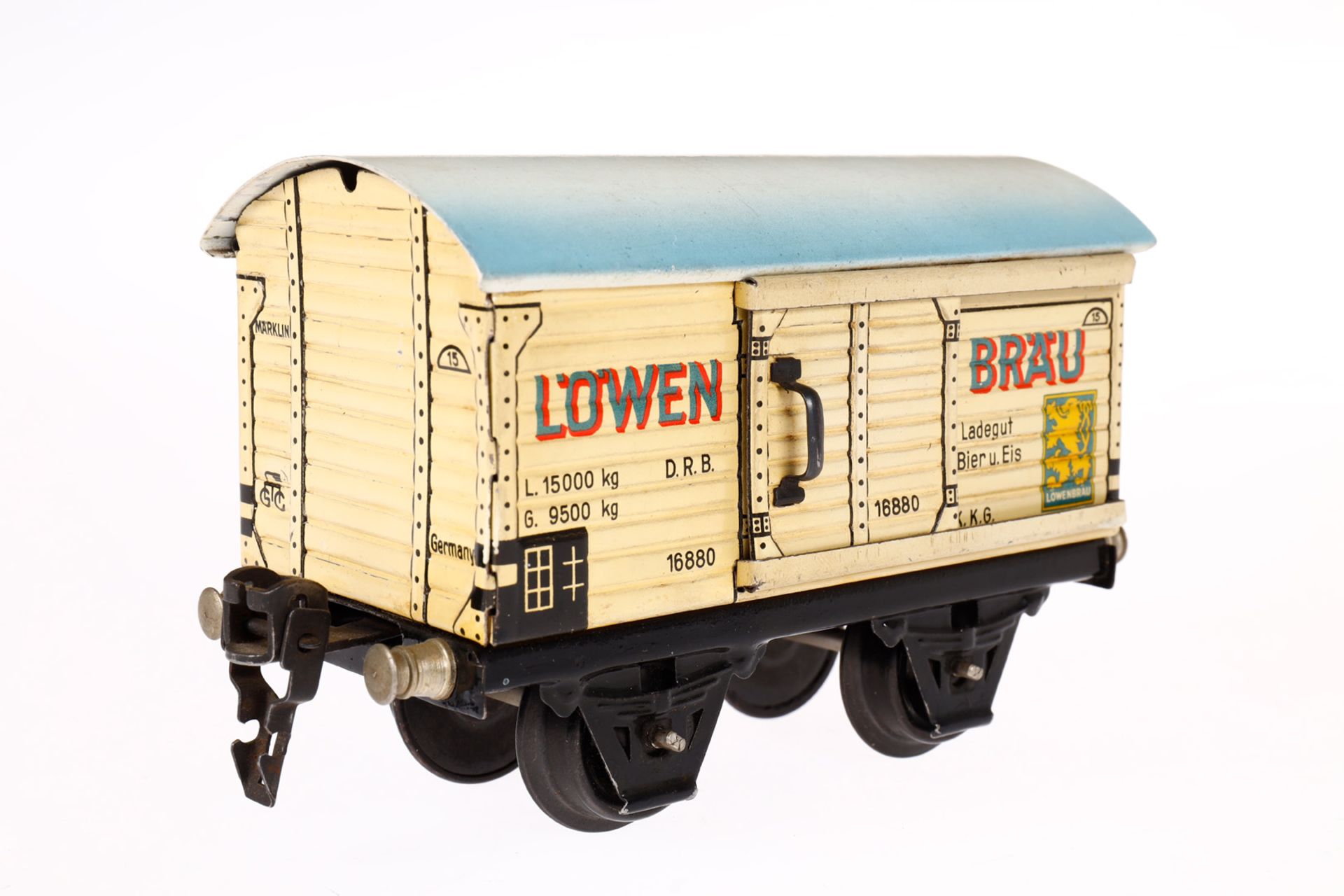 Märklin Löwenbräu Bierwagen 1688, Spur 0, CL, mit 1 ST, LS und gealterter Lack, L 13, Z 2-3 - Bild 3 aus 4