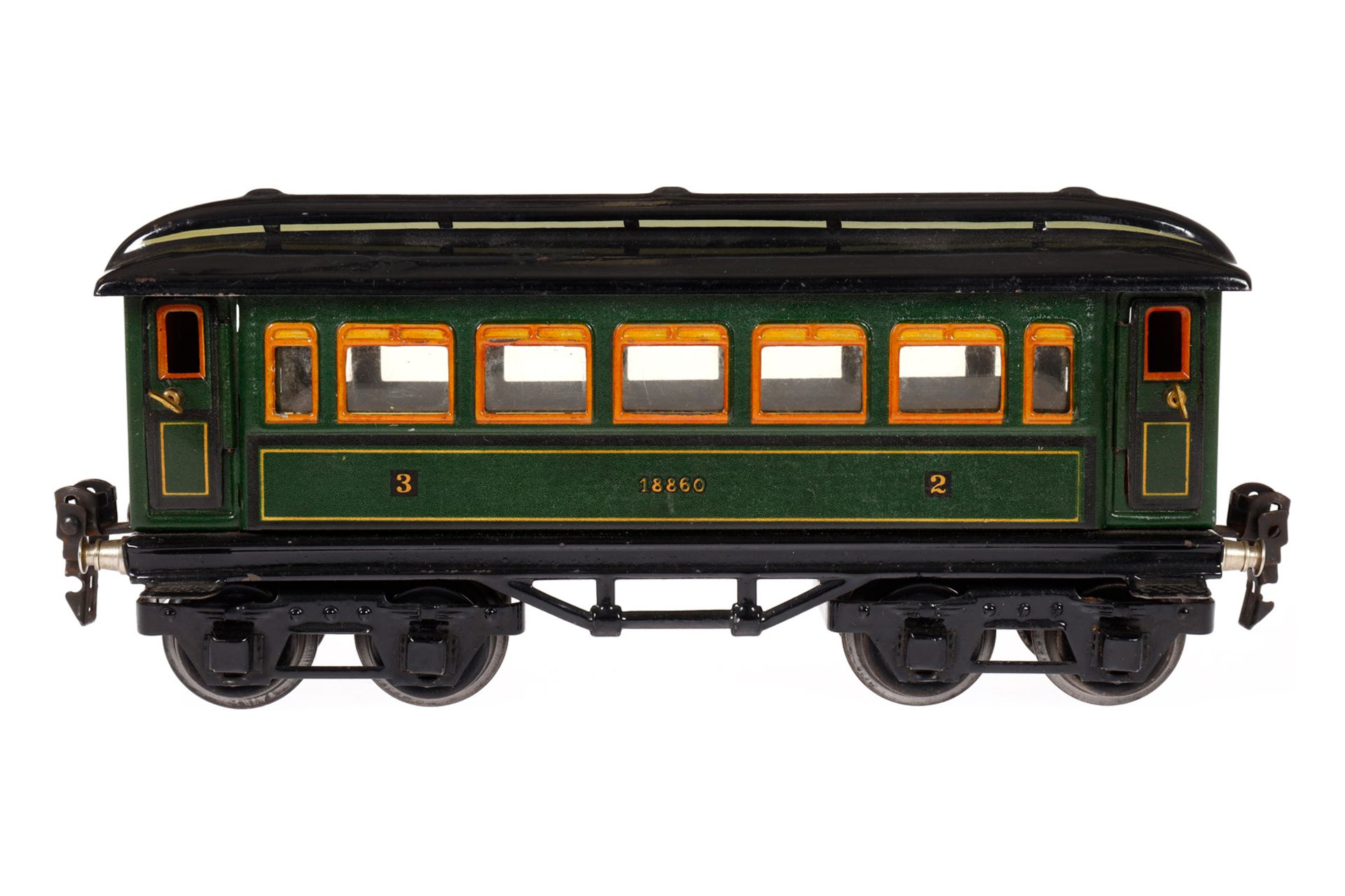 Märklin Personenwagen 1886, Spur 0, CL, mit 4 AT, LS und gealterter Lack, L 21,5, sonst noch Z 2-3