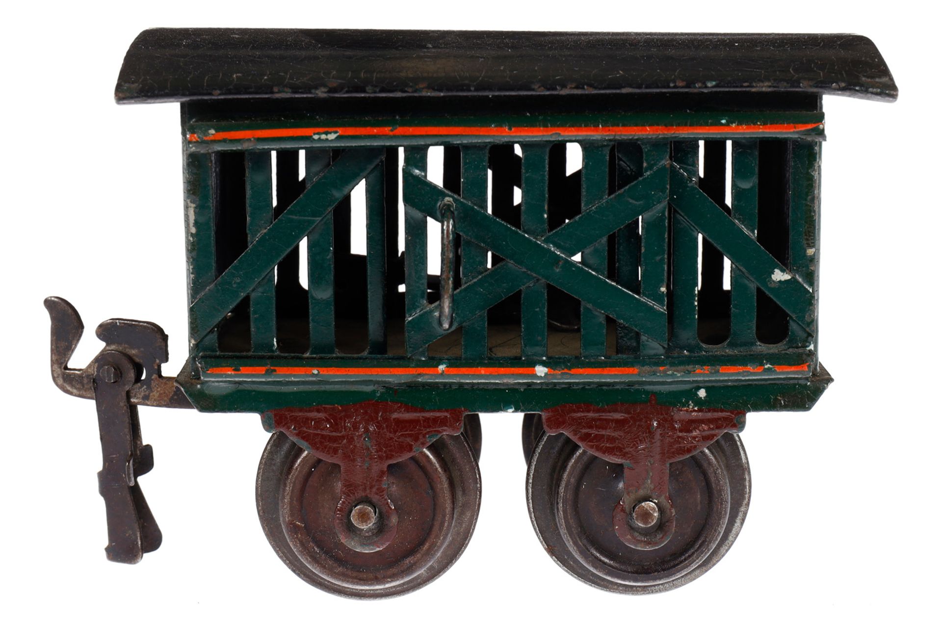 Märklin Viehwagen 1809, Spur 0, uralt, HL, 1 Kupplung fehlt, LS und gealterter Lack, L 8, Z 3