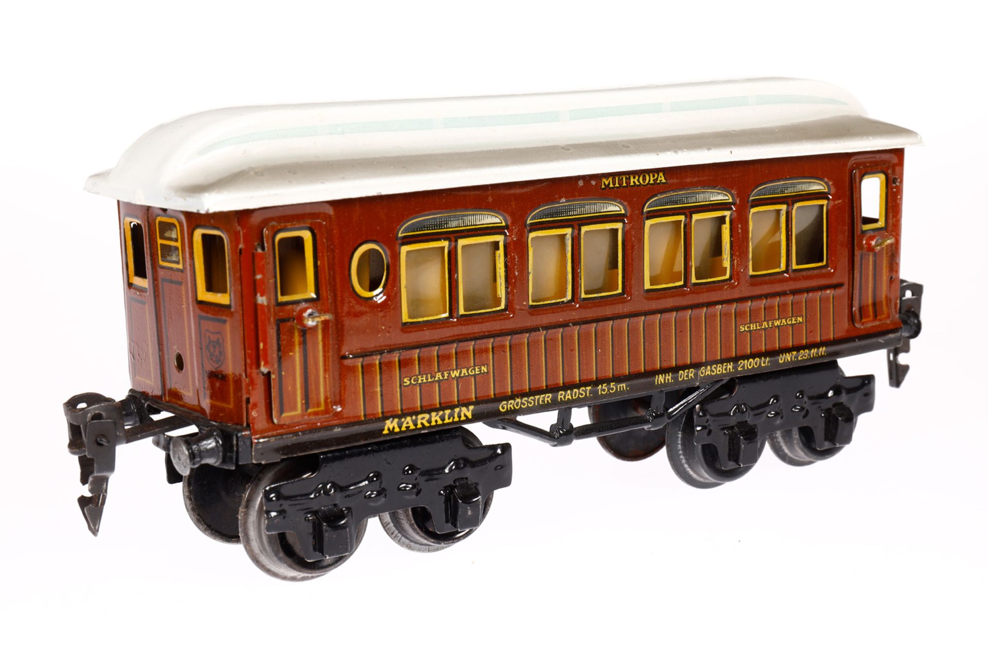 Märklin Mitropa Schlafwagen 1888, Spur 0, CL, mit Inneneinrichtung und 4 AT, LS und gealterter Lack, - Bild 2 aus 5