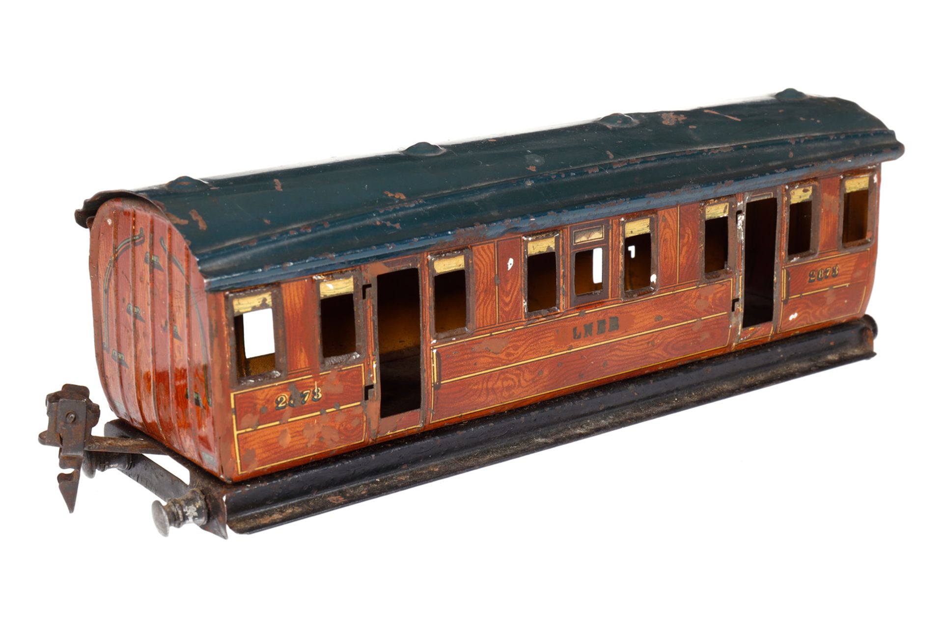 Märklin engl. Abteilwagen 2873 LNER, Spur 0, CL, Drehgestelle und Türen fehlen, L 20, als