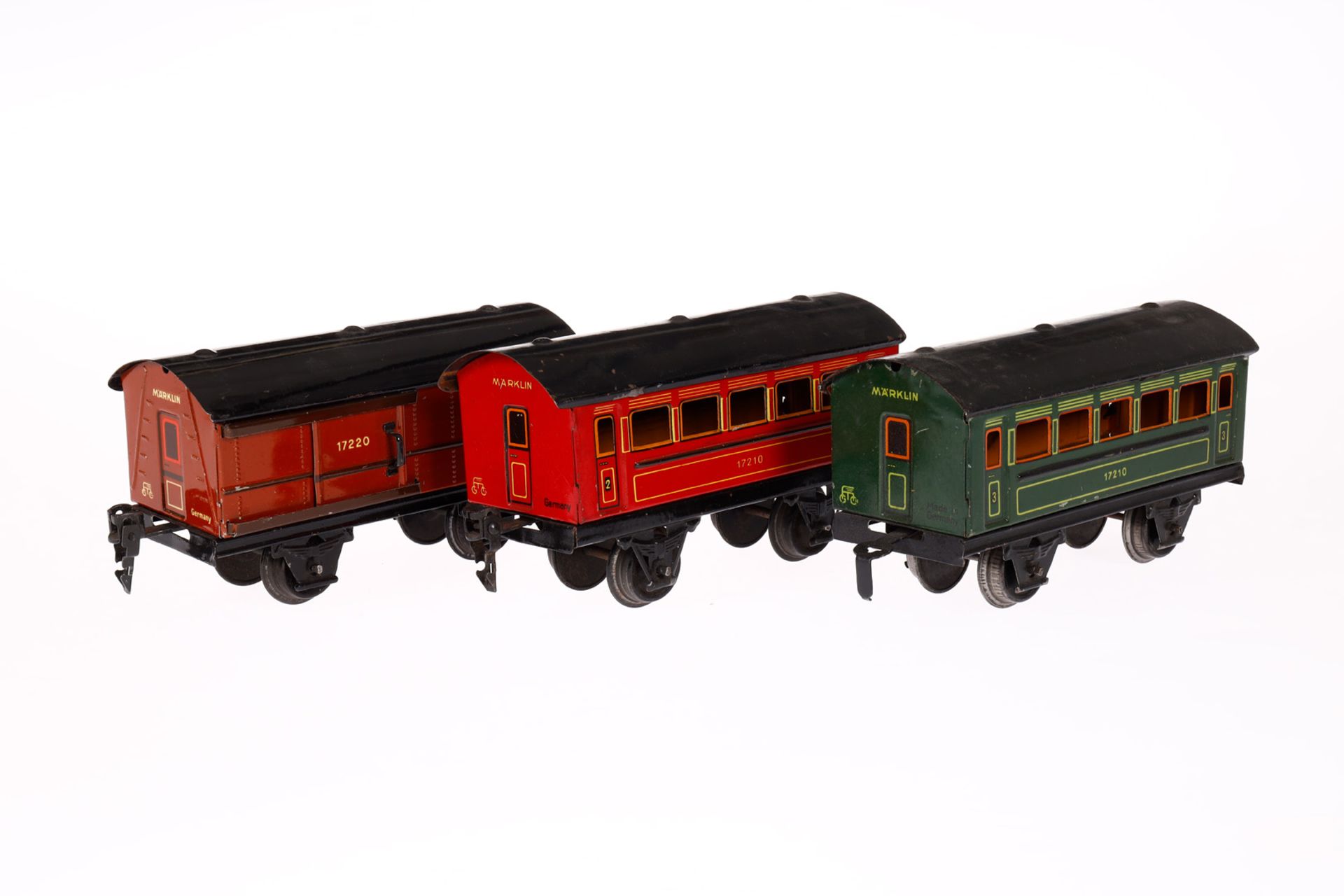 2 Märklin Personen- und 1 Gepäckwagen 1721/1722, Spur 0, CL, LS tw ausgeb., gealterter Lack, L 14,5, - Bild 2 aus 3