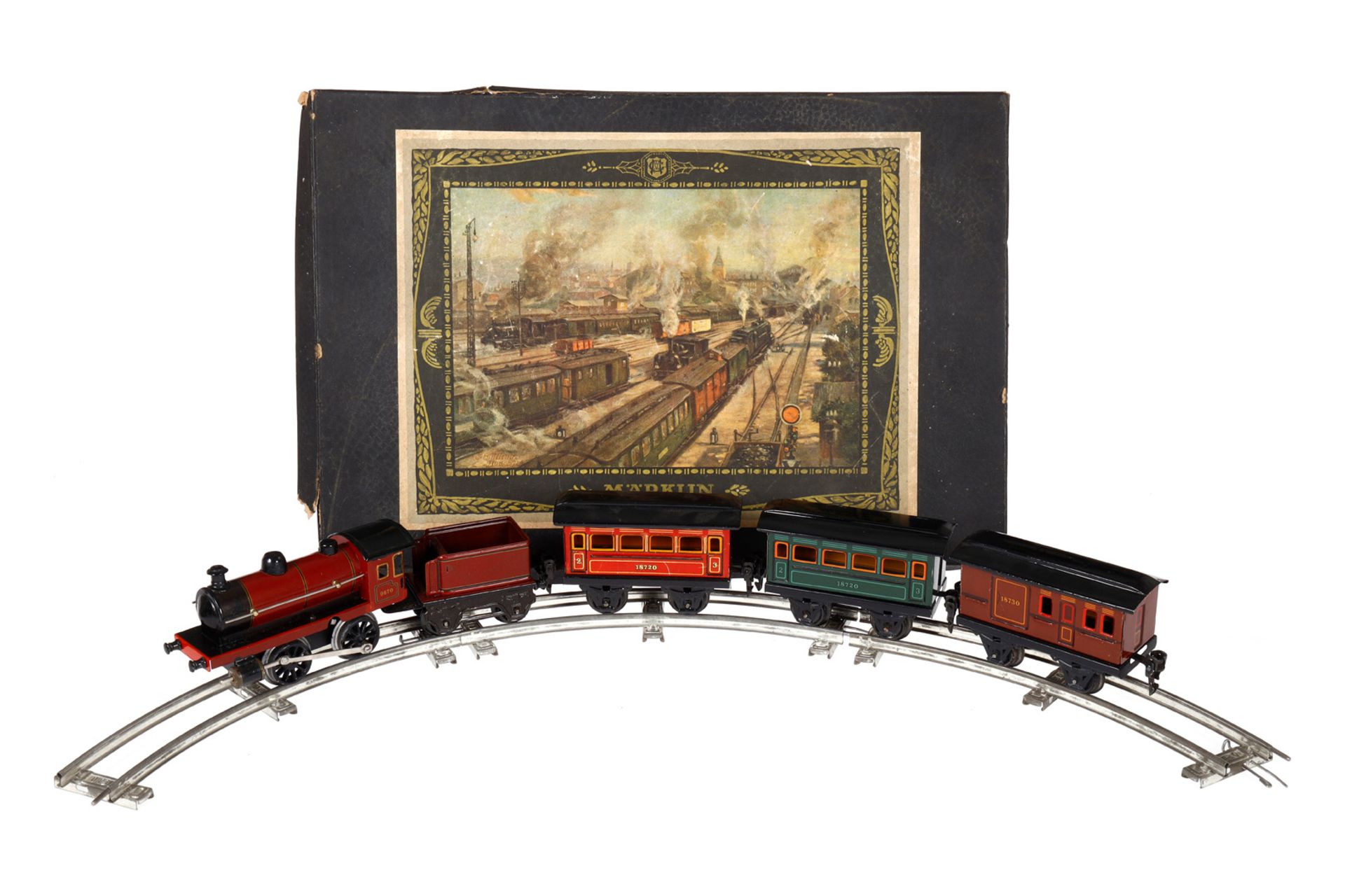 Märklin Zugpackung, Spur 0, Uhrwerk intakt, mit B-Dampflok 967, Tender, 3 Wagen 1872/1873, Schlüssel