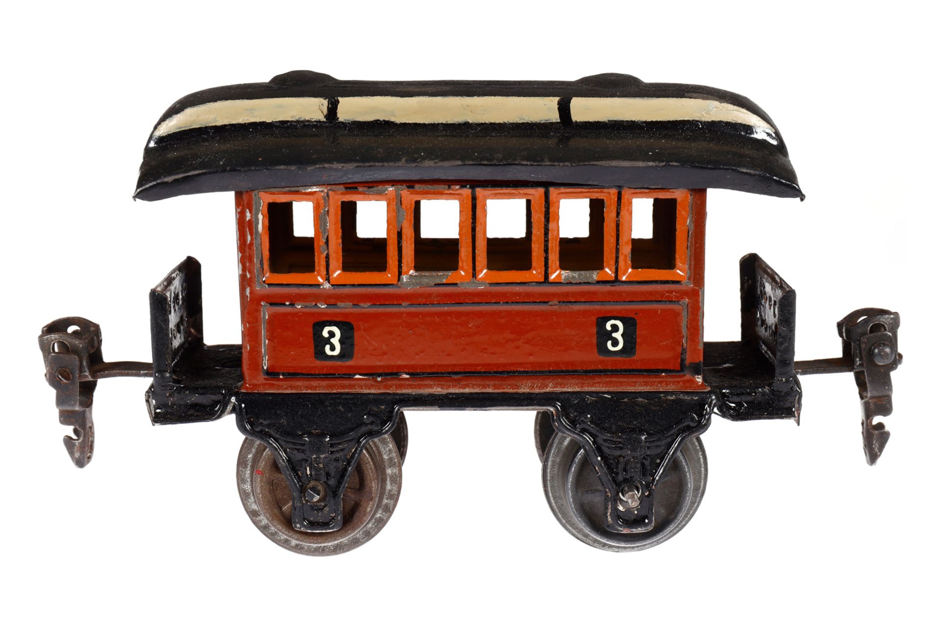 Märklin Personenwagen 1873, Spur 0, uralt, HL, Schwarzbereiche rest., LS tw ausgeb., L 11, Z 4