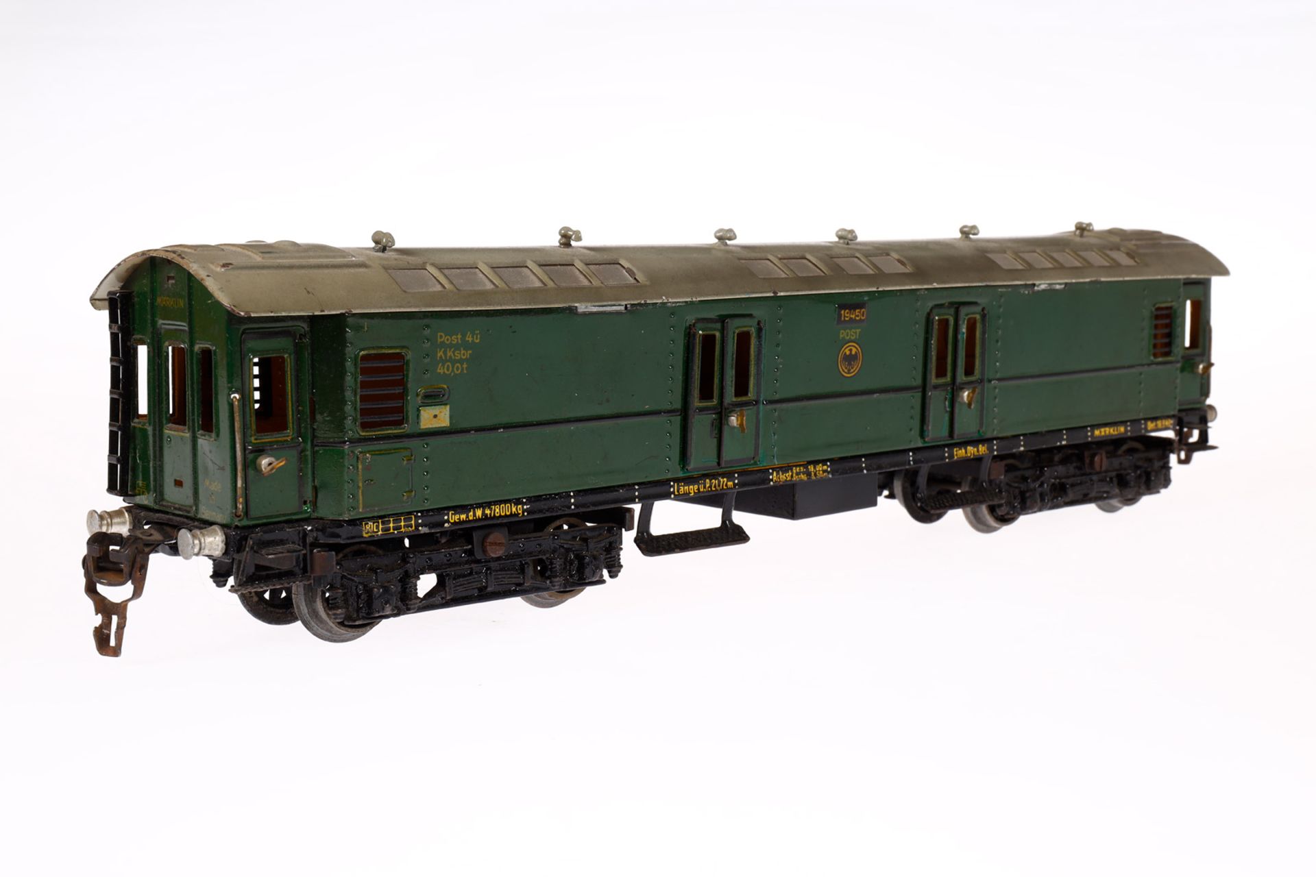 Märklin Postwagen 1945, Spur 0, CL, mit 4 AT, 4 DT und Gussrädern, LS und gealterter Lack, L 40, - Bild 3 aus 4