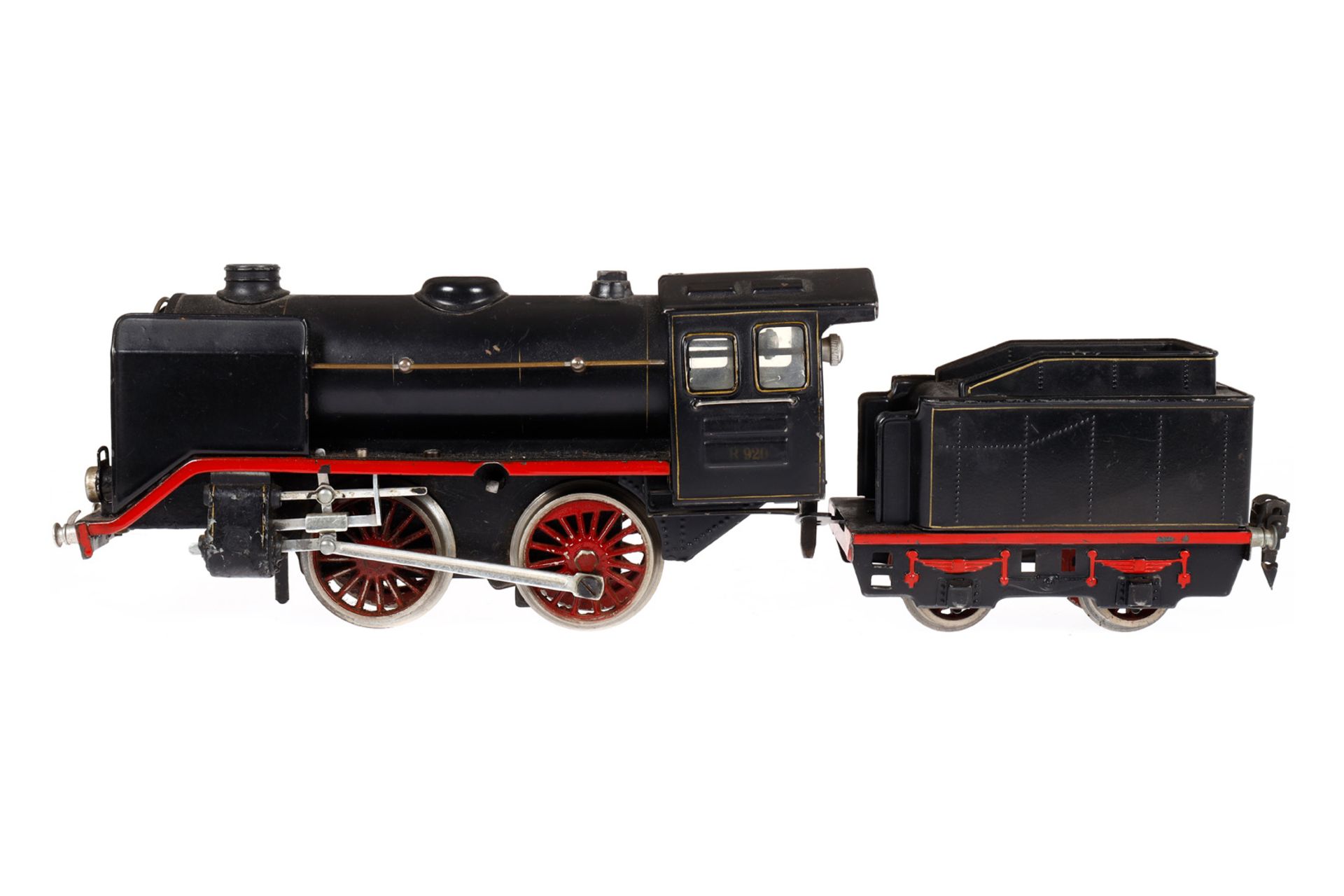 Märklin B-Dampflok R 920, Spur 0, Uhrwerk intakt, schwarz, mit Tender, gW und 2 imit. Stirnlampen,