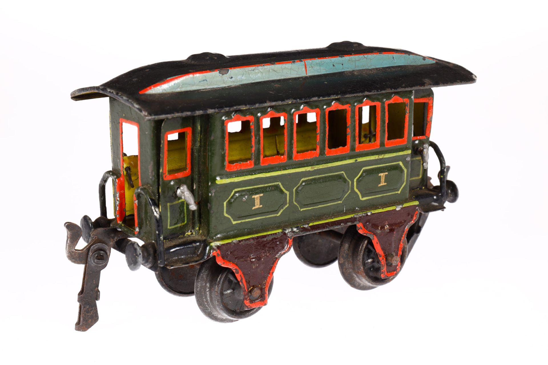 Märklin Durchgangswagen 1807, Spur 0, uralt, HL, mit 2 Sitzbänken und 4 AT, LS und gealterter - Bild 2 aus 5