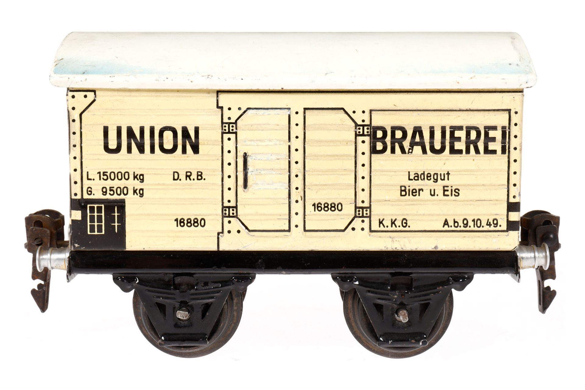 Märklin Union Bierwagen 1688, Spur 0, CL, mit 1 ST, LS tw ausgeb., gealterter Lack, L 13, Z 2-3