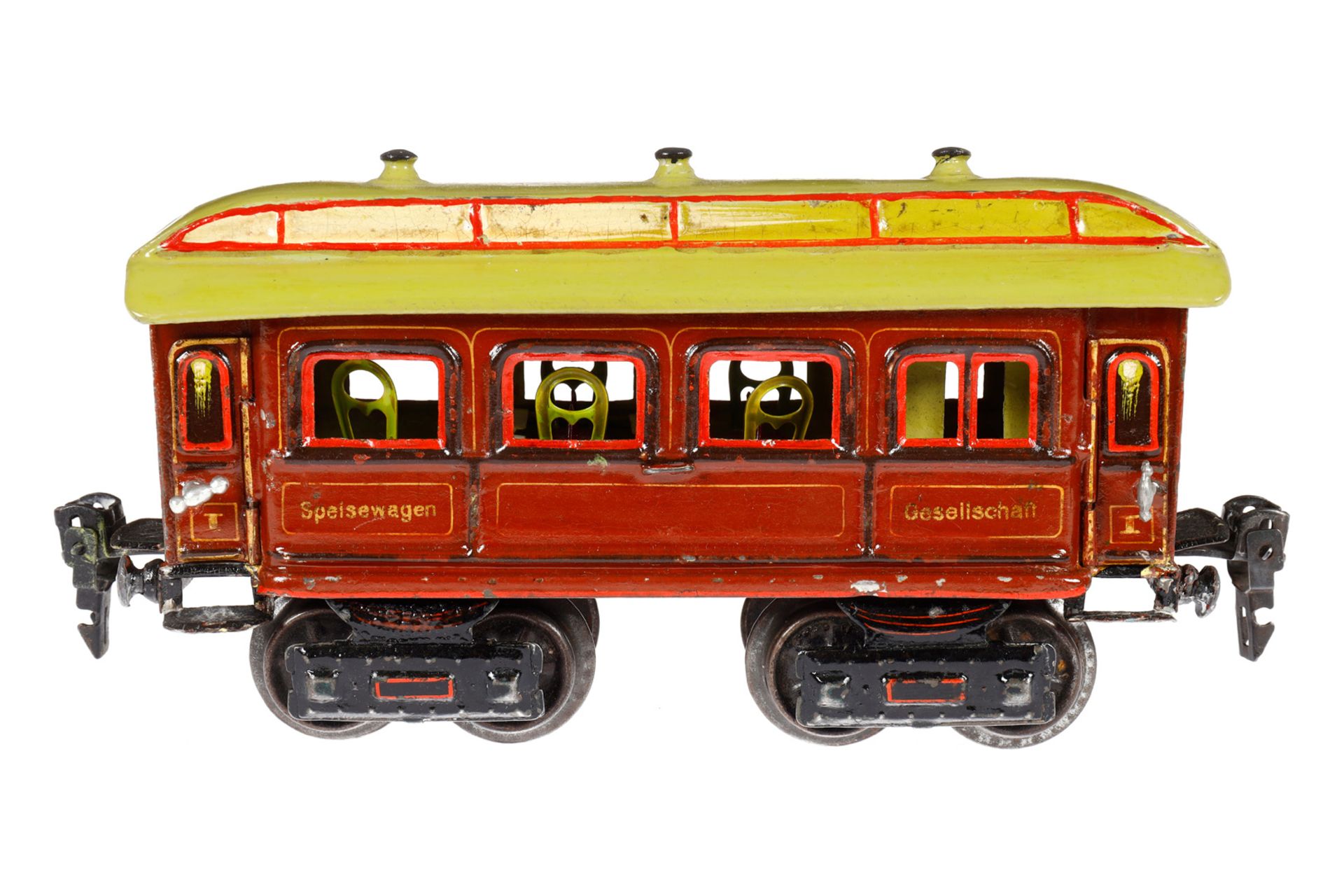 Märklin Speisewagen 1842, Spur 0, uralt, HL, mit 4 AT und fremder Inneneinrichtung, Dach ÜL, LS