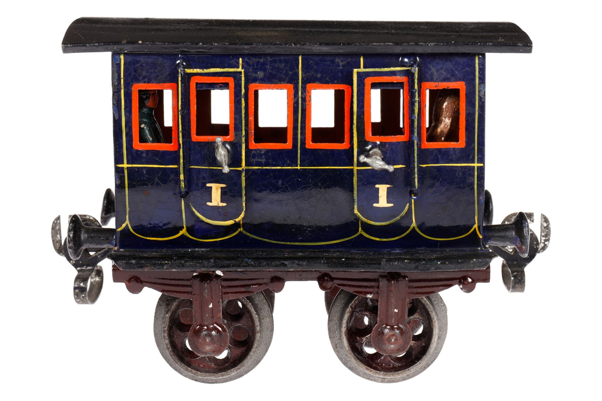 Märklin Abteilwagen 1806, Spur 1, uralt, blau, HL, mit Inneneinrichtung, 4 AT, Gussrädern und