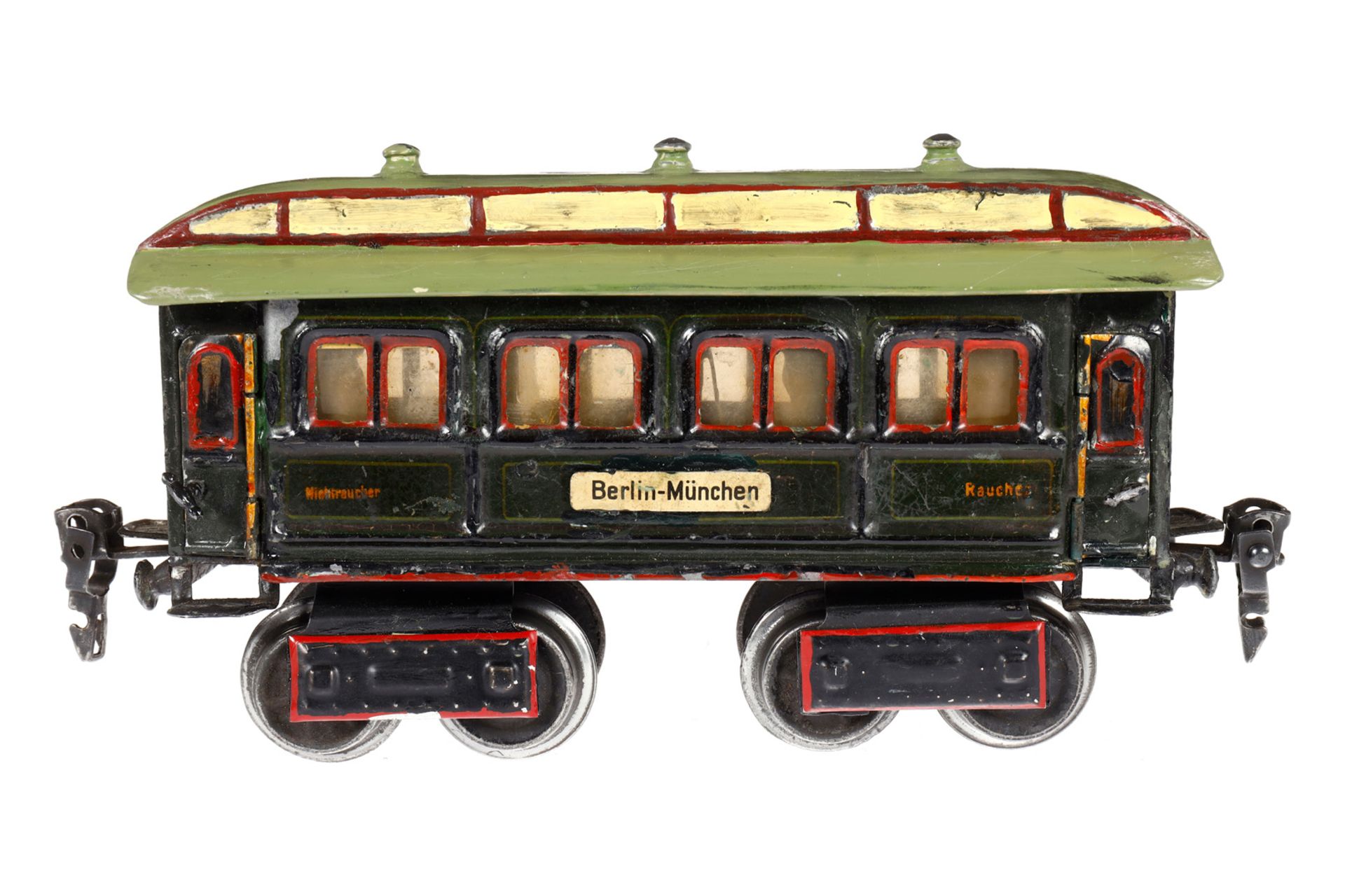 Märklin Personenwagen 1841, Spur 0, uralt, HL, mit Inneneinrichtung (ÜL) und 4 AT, Drehgestelle