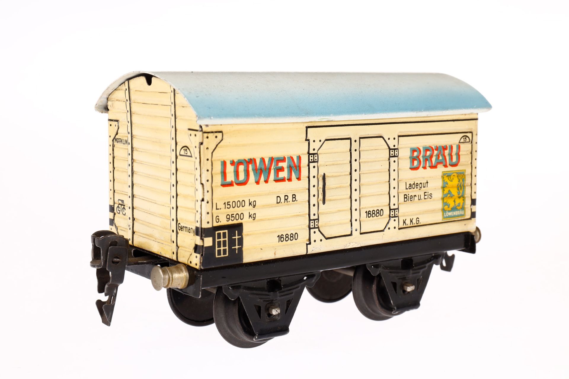 Märklin Löwenbräu Bierwagen 1688, Spur 0, CL, mit 1 ST, LS und gealterter Lack, L 13, Z 2-3 - Bild 2 aus 4