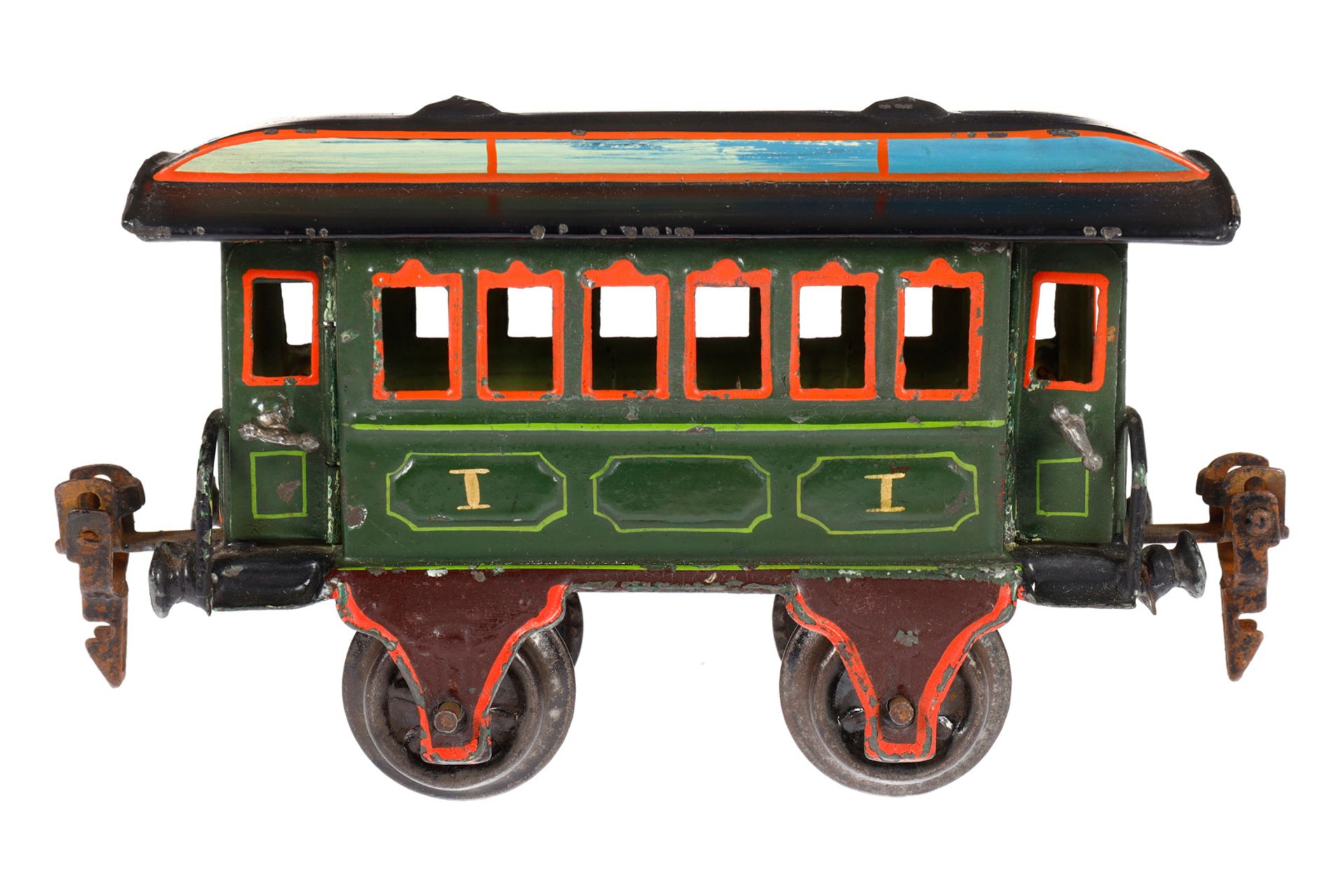 Märklin Durchgangswagen 1807, Spur 0, uralt, grün, HL, mit 2 Sitzbänken und 4 AT, Dach rest., LS