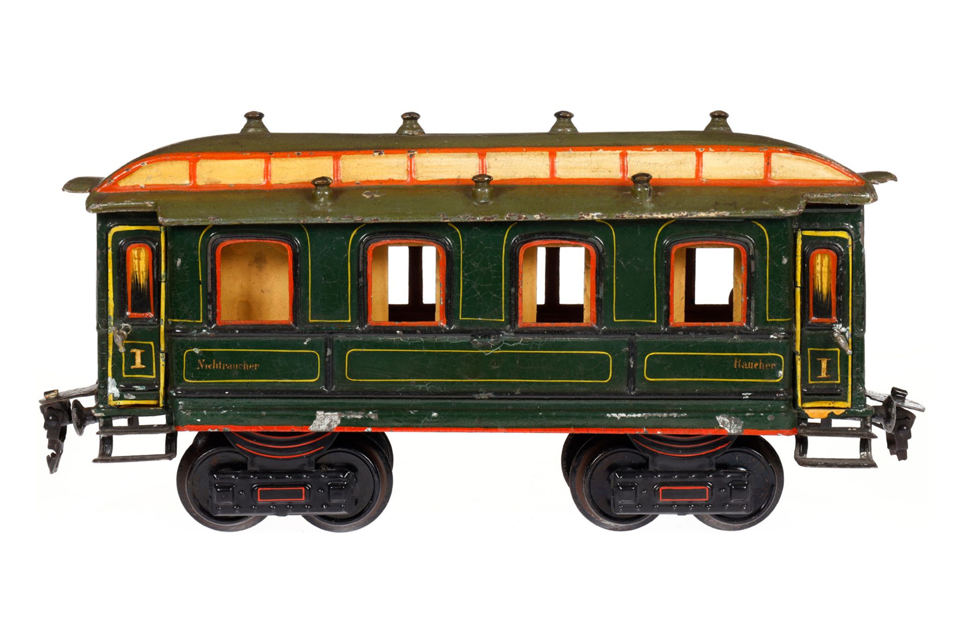 Märklin Personenwagen 1841, Spur 1, uralt, HL, mit Inneneinrichtung und 4 AT, Drehgestelle und 1