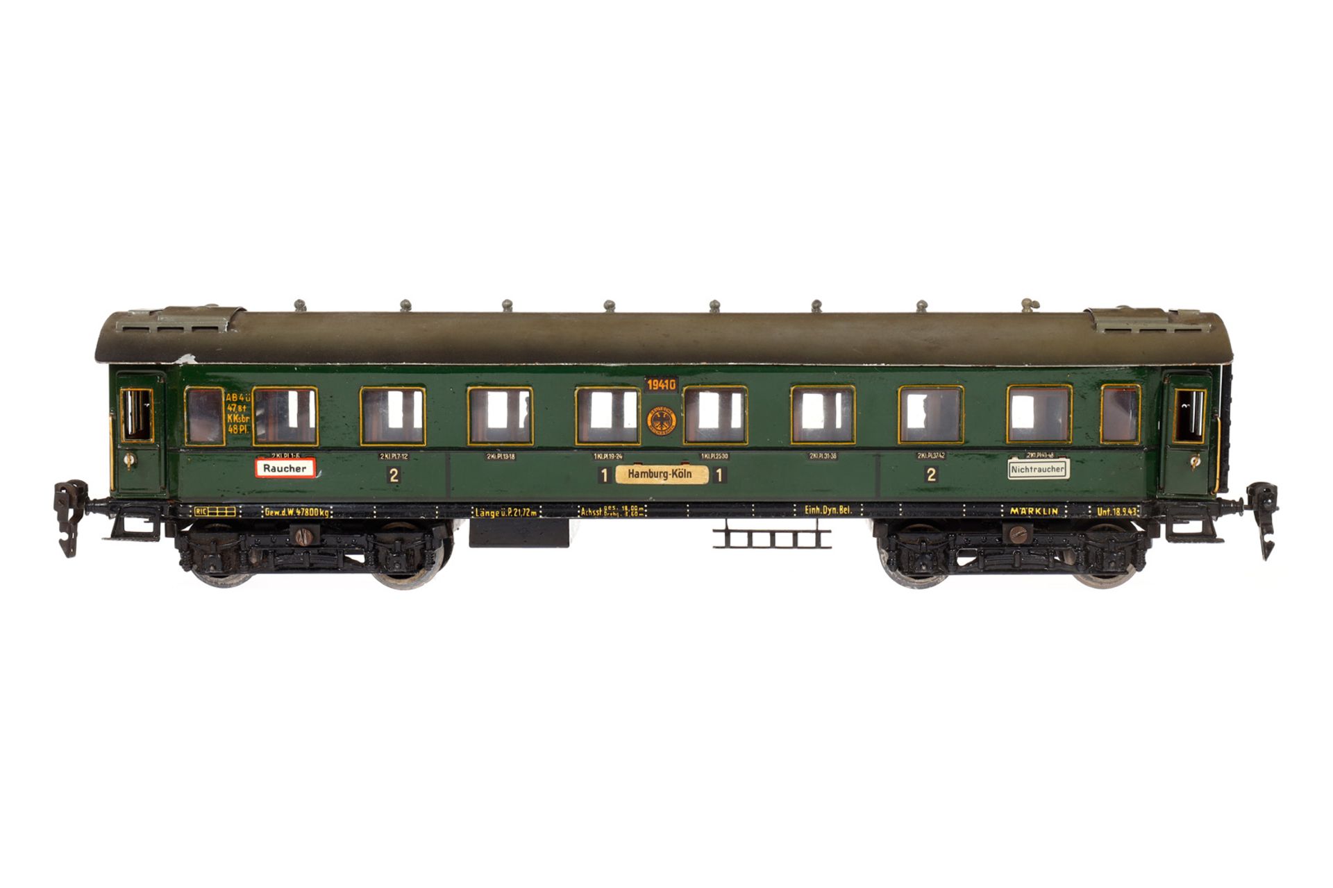 Märklin Personenwagen 1941 G, Spur 0, CL, mit Inneneinrichtung, 4 AT, Gussrädern und Schildern, LS