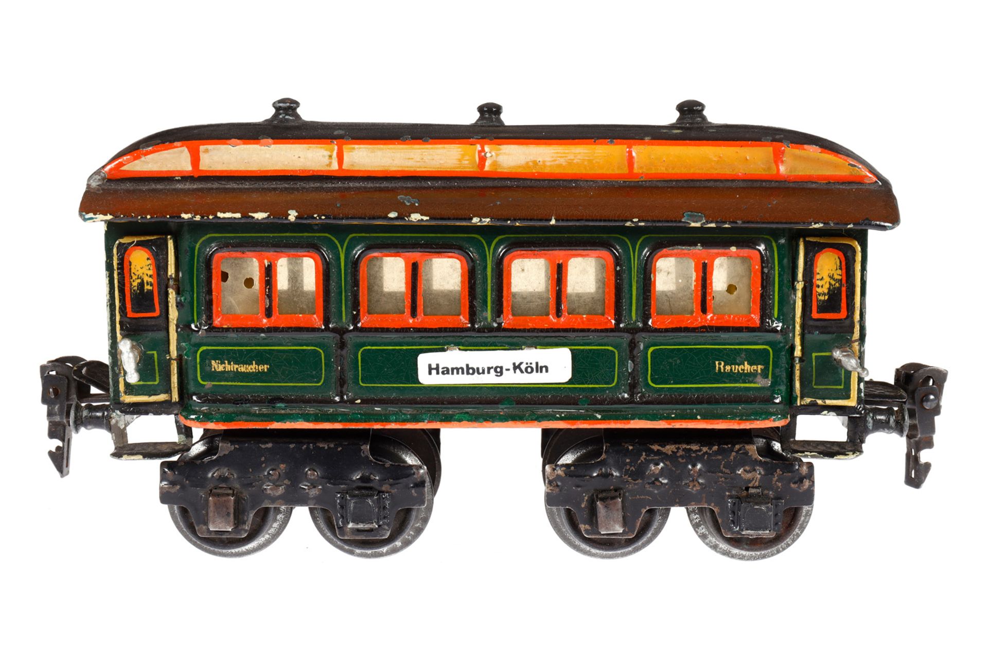 Märklin Personenwagen 1841, Spur 0, uralt, HL, mit 4 AT, ohne Inneneinrichtung, Schilder und