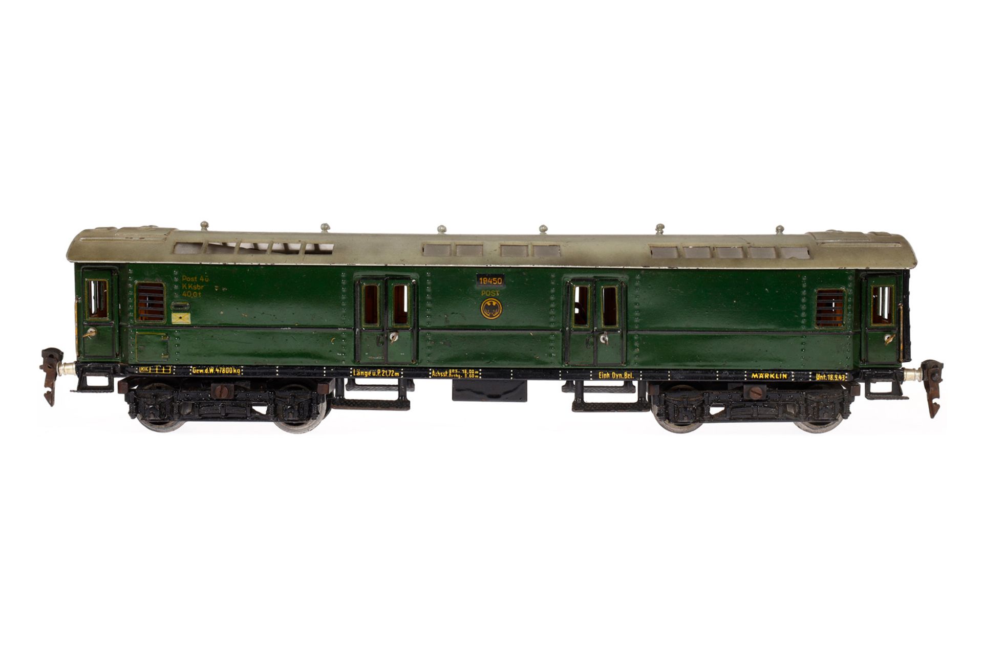 Märklin Postwagen 1945, Spur 0, CL, mit 4 AT, 4 DT und Gussrädern, LS und gealterter Lack, L 40,