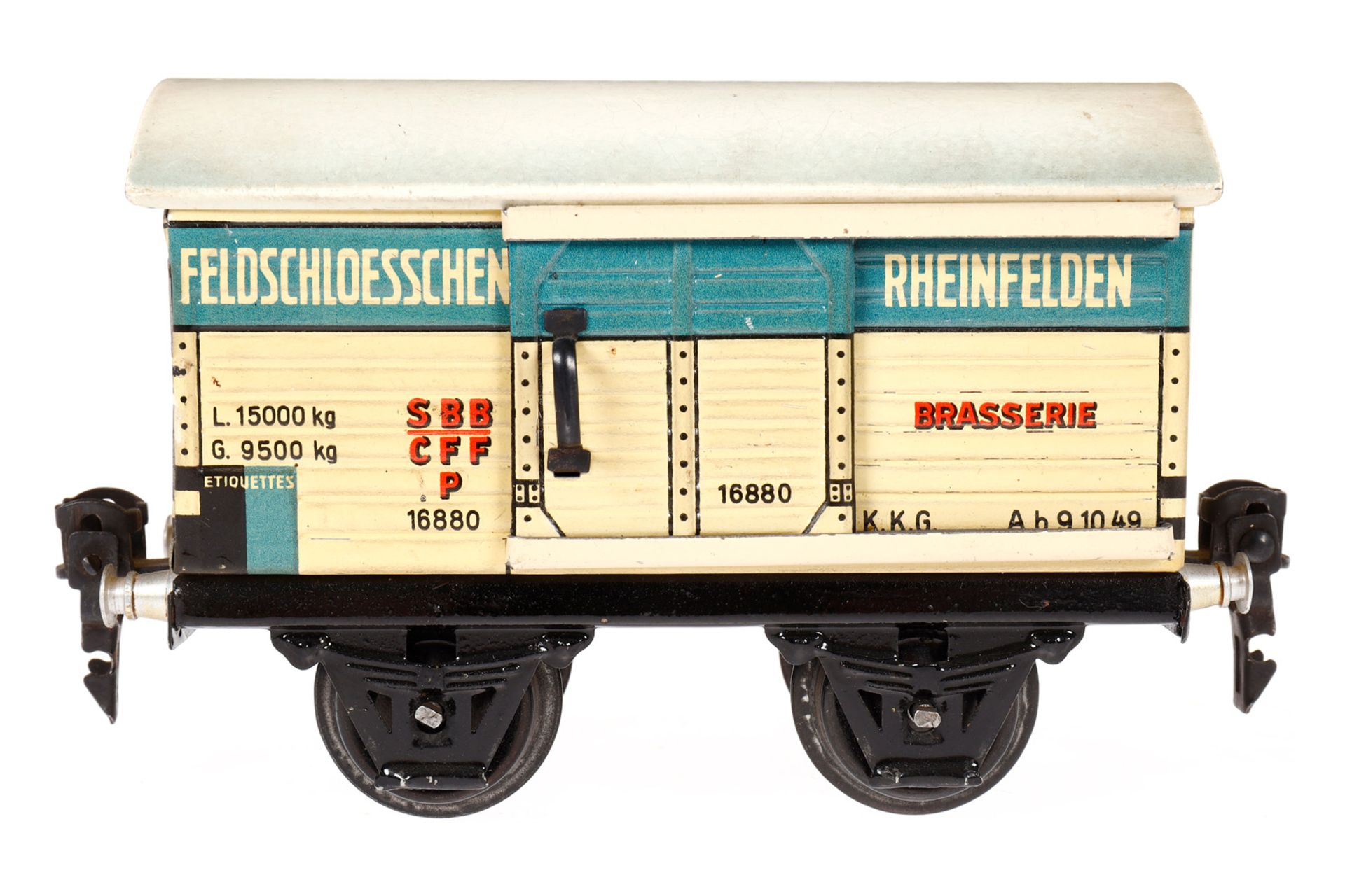 Märklin schweizer Feldschlößchen Bierwagen 1688, Spur 0, CL, mit 1 ST, LS und gealterter Lack, L 13,