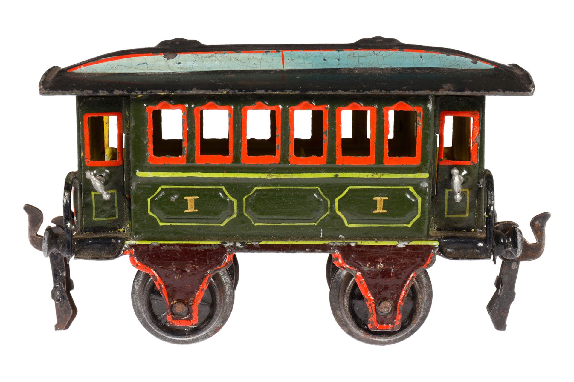 Märklin Durchgangswagen 1807, Spur 0, uralt, HL, mit 2 Sitzbänken und 4 AT, LS und gealterter