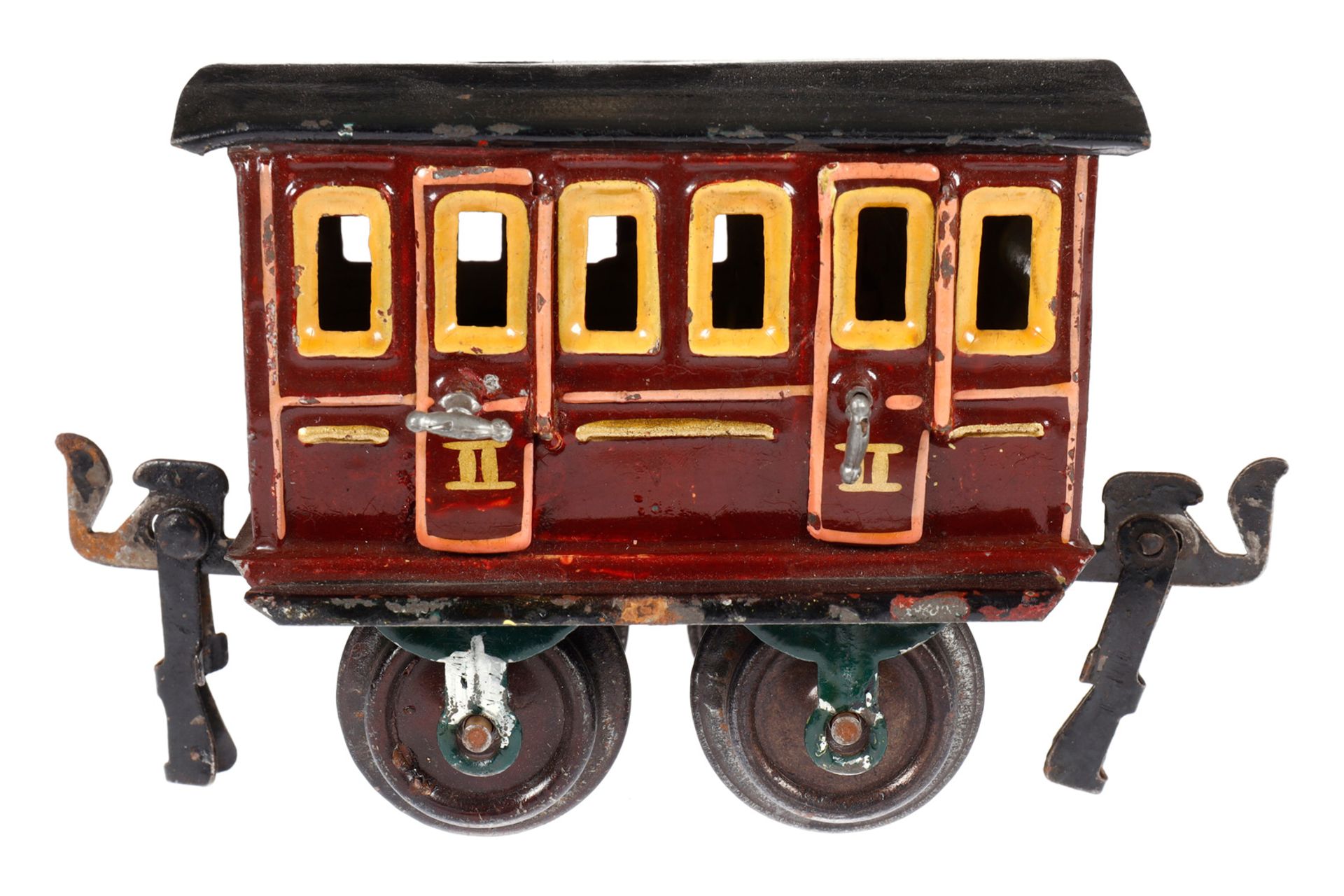Märklin Abteilwagen 1806, Spur 0, uralt, rotbraun, HL, mit Inneneinrichtung und 4 AT, LS und