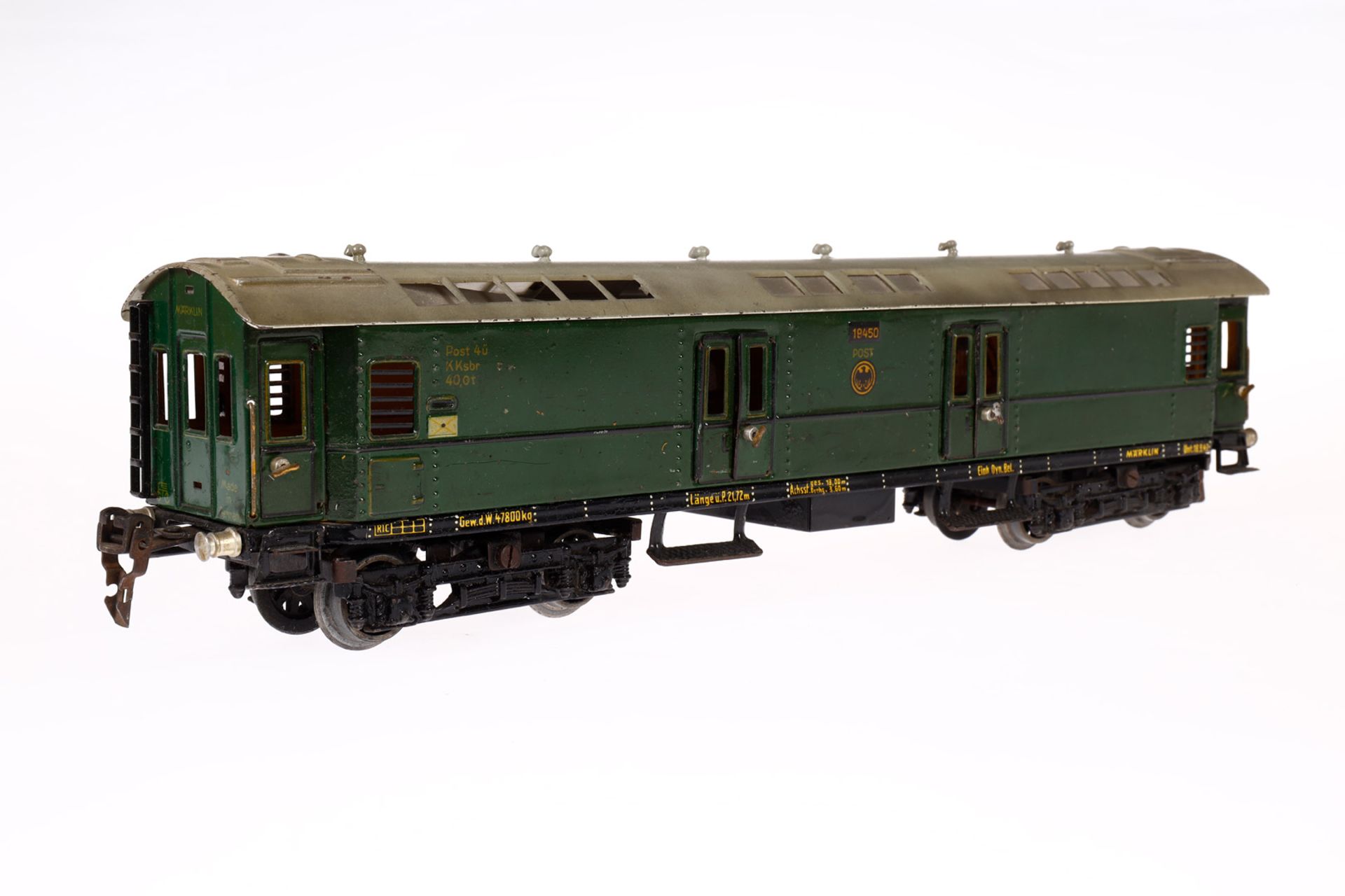 Märklin Postwagen 1945, Spur 0, CL, mit 4 AT, 4 DT und Gussrädern, LS und gealterter Lack, L 40, - Bild 2 aus 4