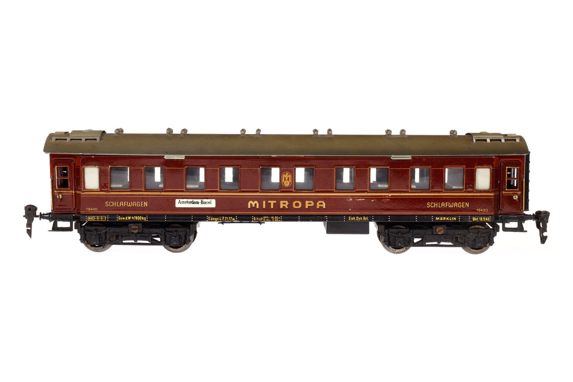 Märklin Mitropa Schlafwagen 1943 G, Spur 0, CL, mit Inneneinrichtung, 4 AT, versch. Schildern und