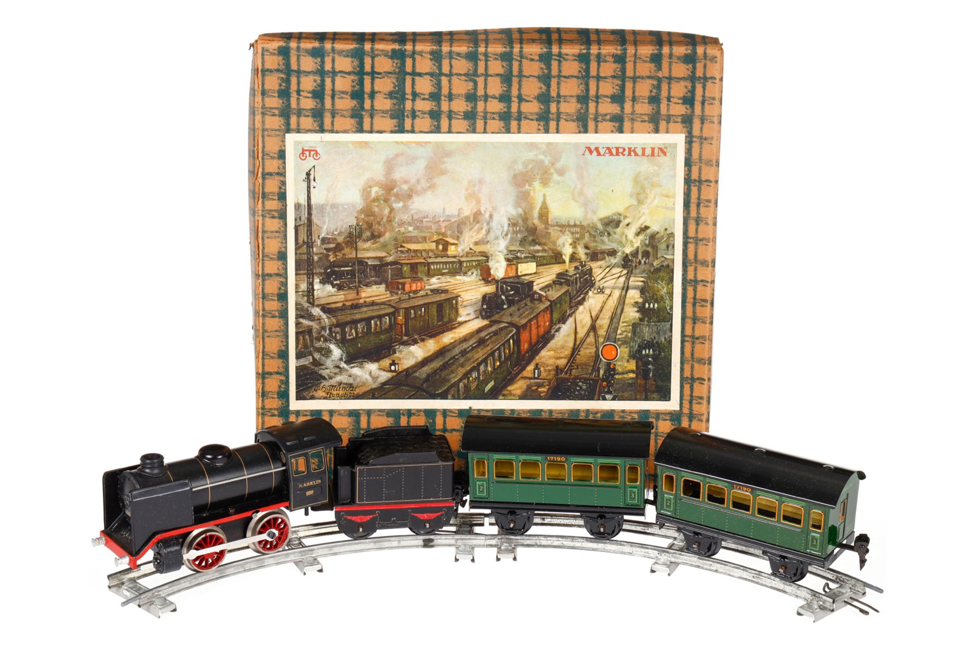 Märklin Zugpackung 880/2, Spur 0, Uhrwerk intakt, mit B-Dampflok, Tender, 2 Personenwagen 1719,