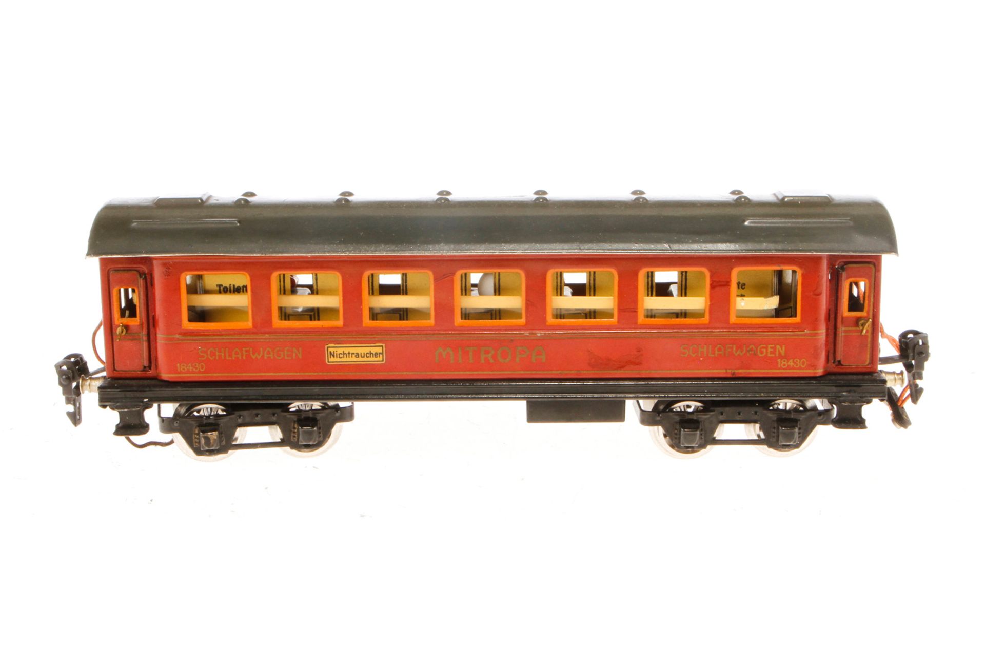 Märklin Mitropa Schlafwagen 1843 G, Spur 0, CL, mit Inneneinrichtung, 4 AT, versch. Schildern und