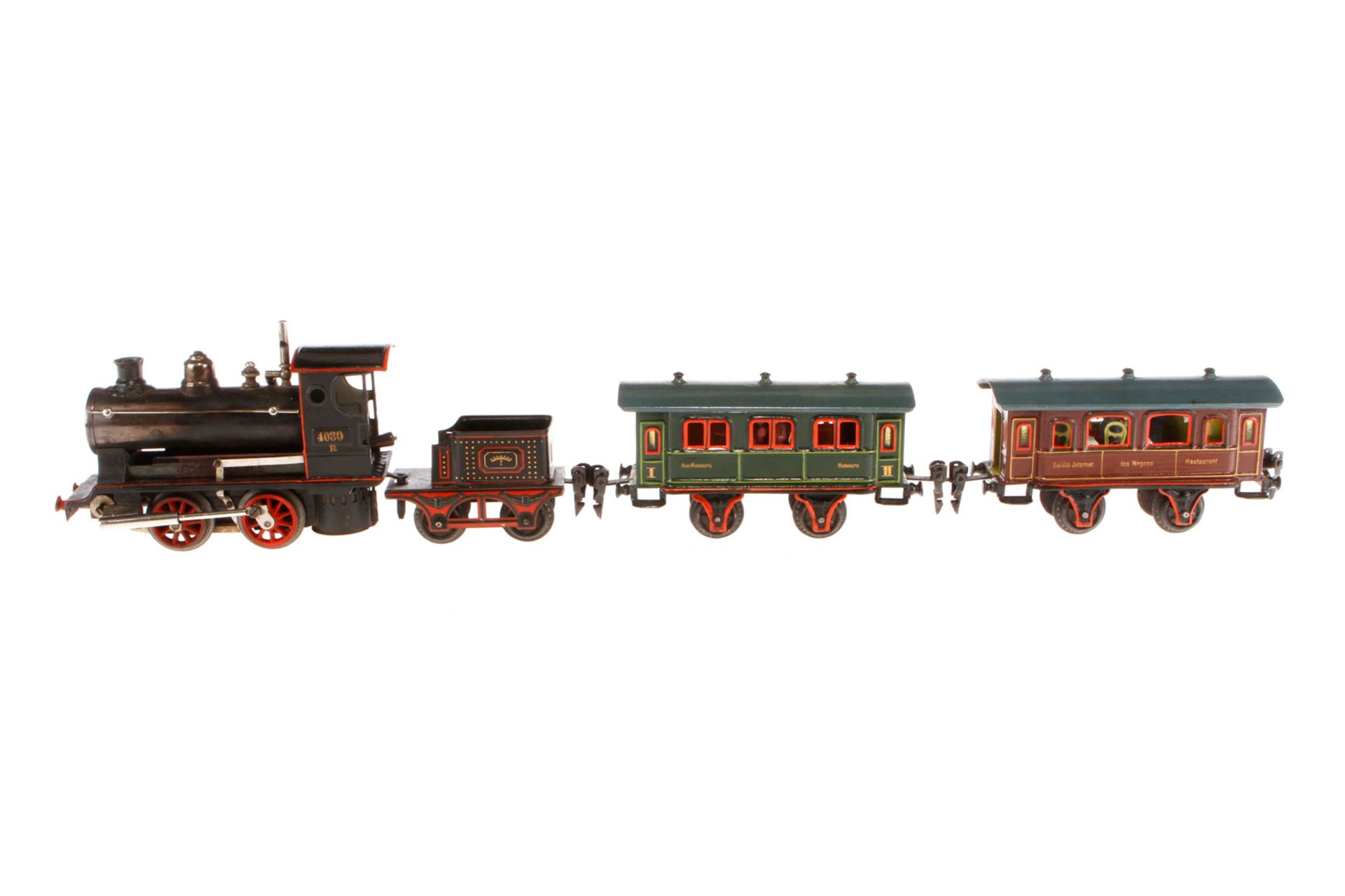 Märklin Zug, Spur 0, uralt, spiritusbetrieben, HL/CL, mit B-Dampflok R 4030, Tender, franz.