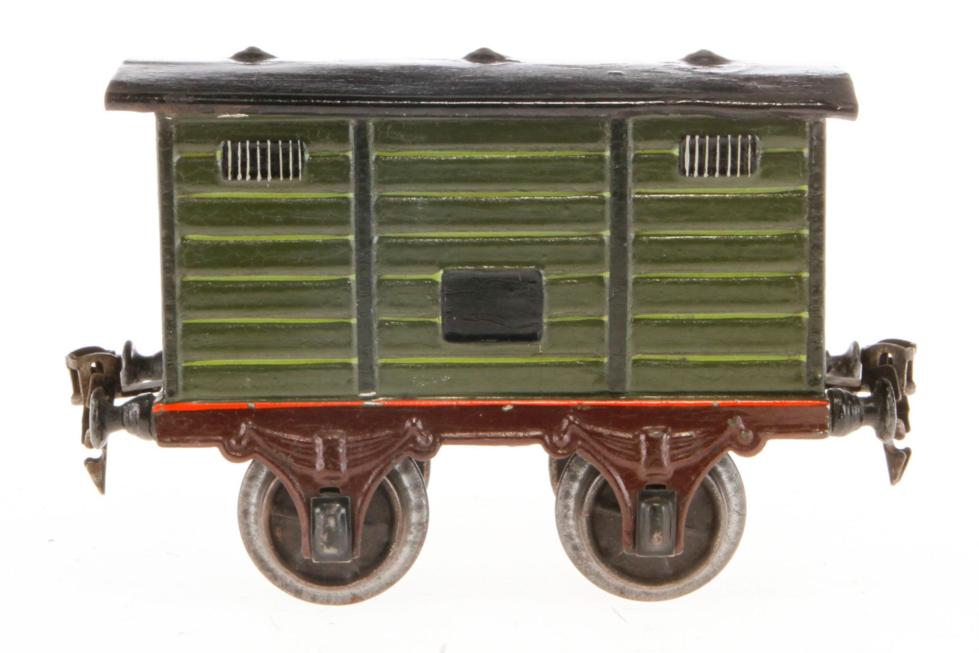 Märklin ged. Güterwagen 1857, Spur 1, uralt, HL, mit 1 TÖ, LS tw ausgeb., gealterter Lack, L 15, Z