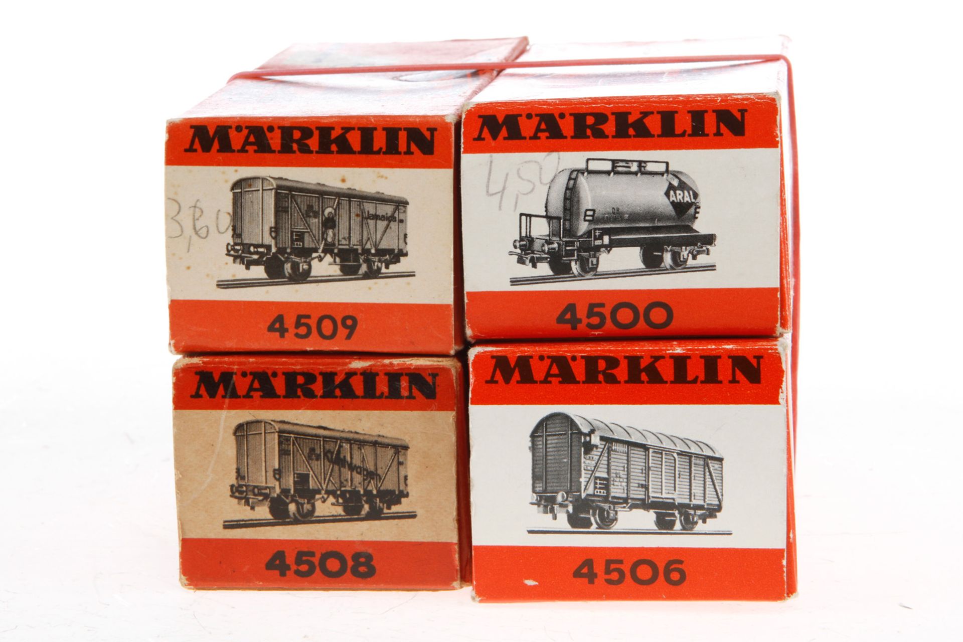 4 Märklin Güterwagen 4500, 4506, 4508 und 4509, Spur H0, Alterungsspuren, je im tw besch. OK,