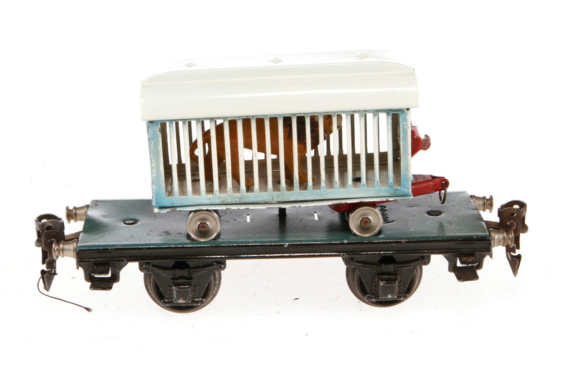 Märklin Plattformwagen 1983, Spur 0, HL, mit Tierwagen und Löwe, LS und gealterter Lack, L 16,5,