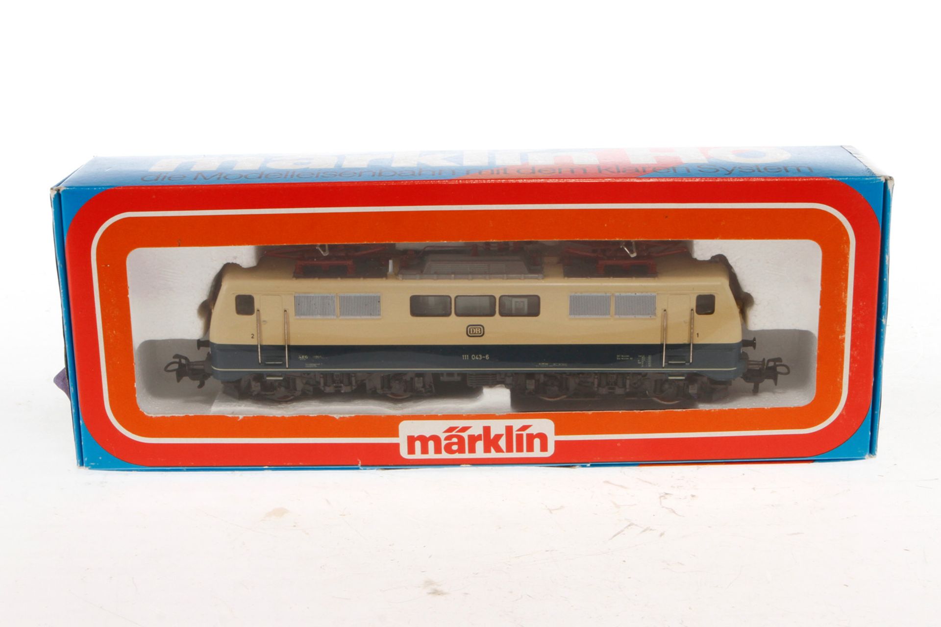 Märklin E-Lok ”111 043-6” 3042, Spur H0, creme/blau, Alterungsspuren, im beklebten OK, sonst noch