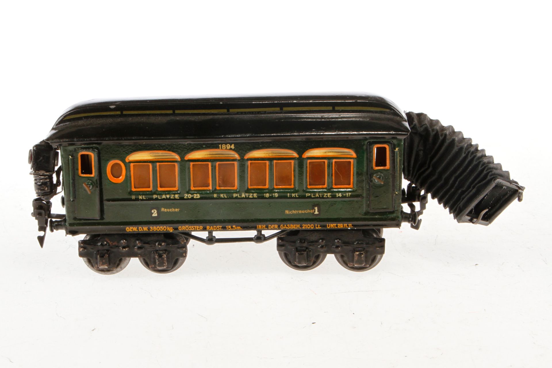 Märklin Personenwagen 1894, Spur 0, HL, mit Inneneinrichtung und 4 AT, LS und gealterter Lack, L 20, - Image 3 of 4